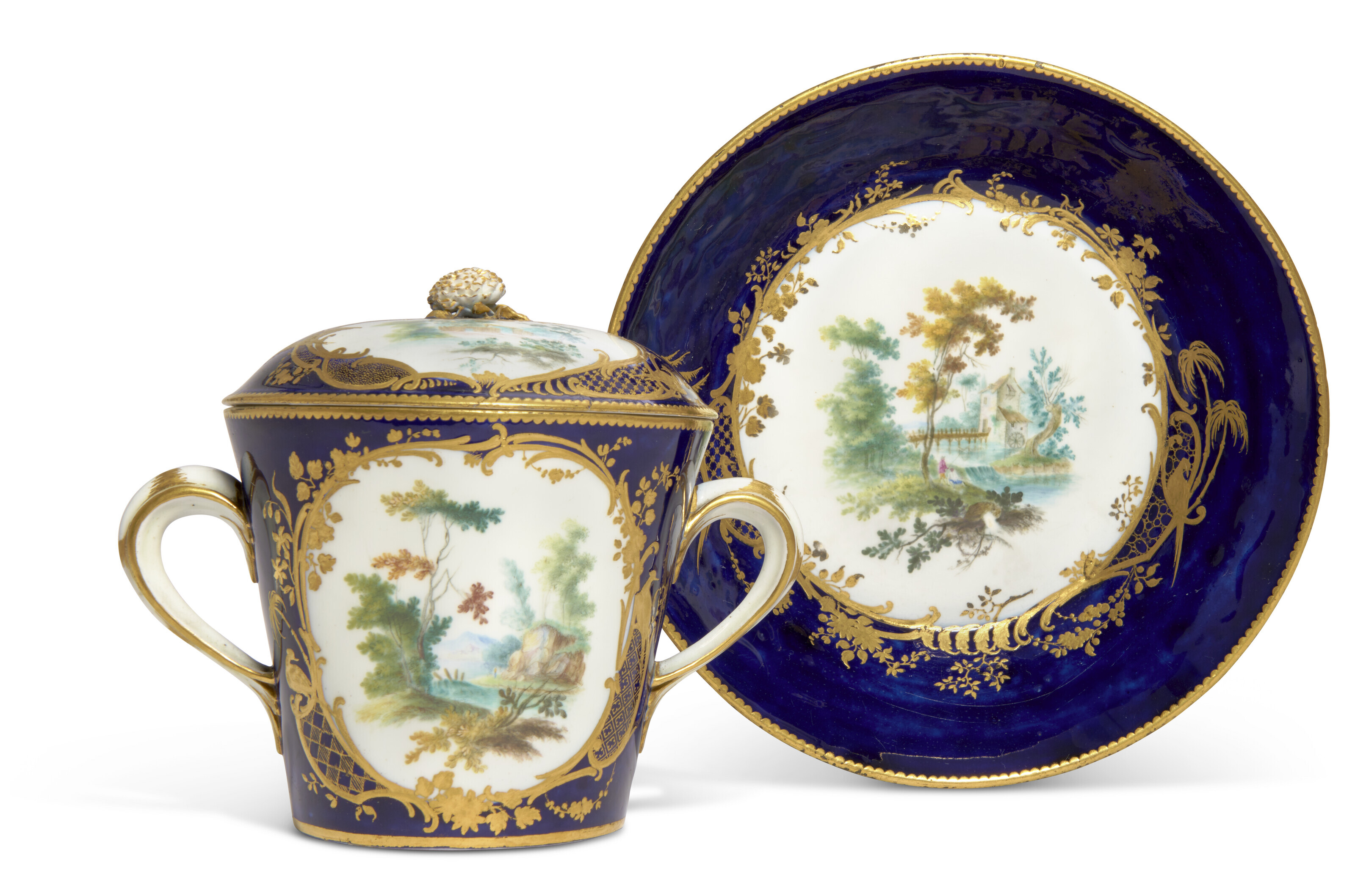 A SEVRES PORCELAIN BLUE LAPIS TWO-HANDLED CUP, COVER AND STAND