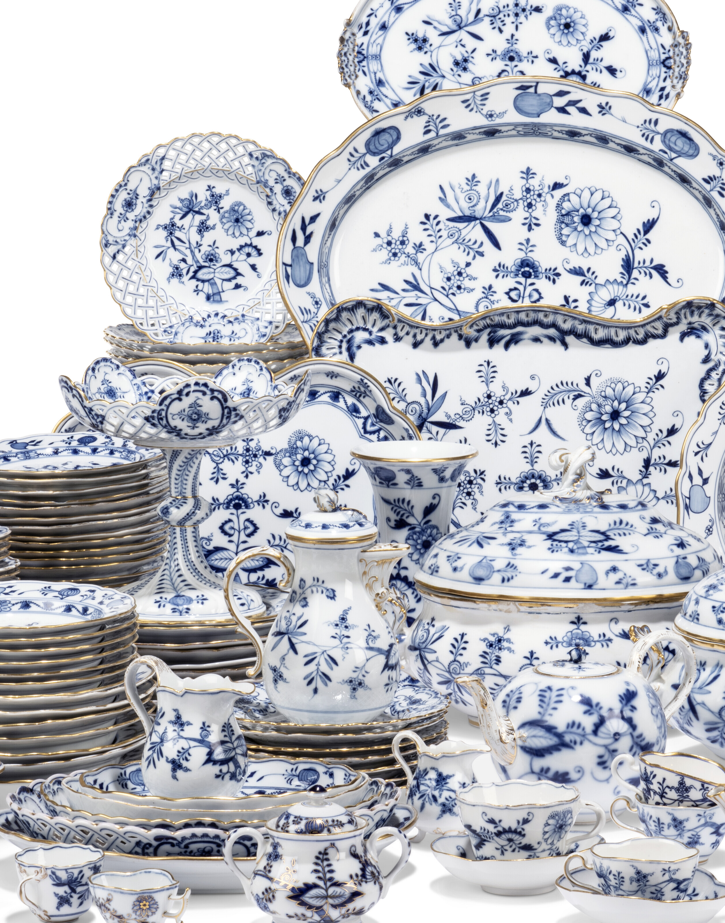 A MEISSEN PORCELAIN BLUE 'ONION' PATTERN COMPOSITE PART TABLE-SERVICE, LATE  19TH CENTURY AND LATER, BLUE CROSSED SWORDS MARKS, VARIOUS PAINTED LETTERS  AND NUMERALS, PRESSNUMMERN AND INCISED LETTERS AND NUMERALS | Christie's