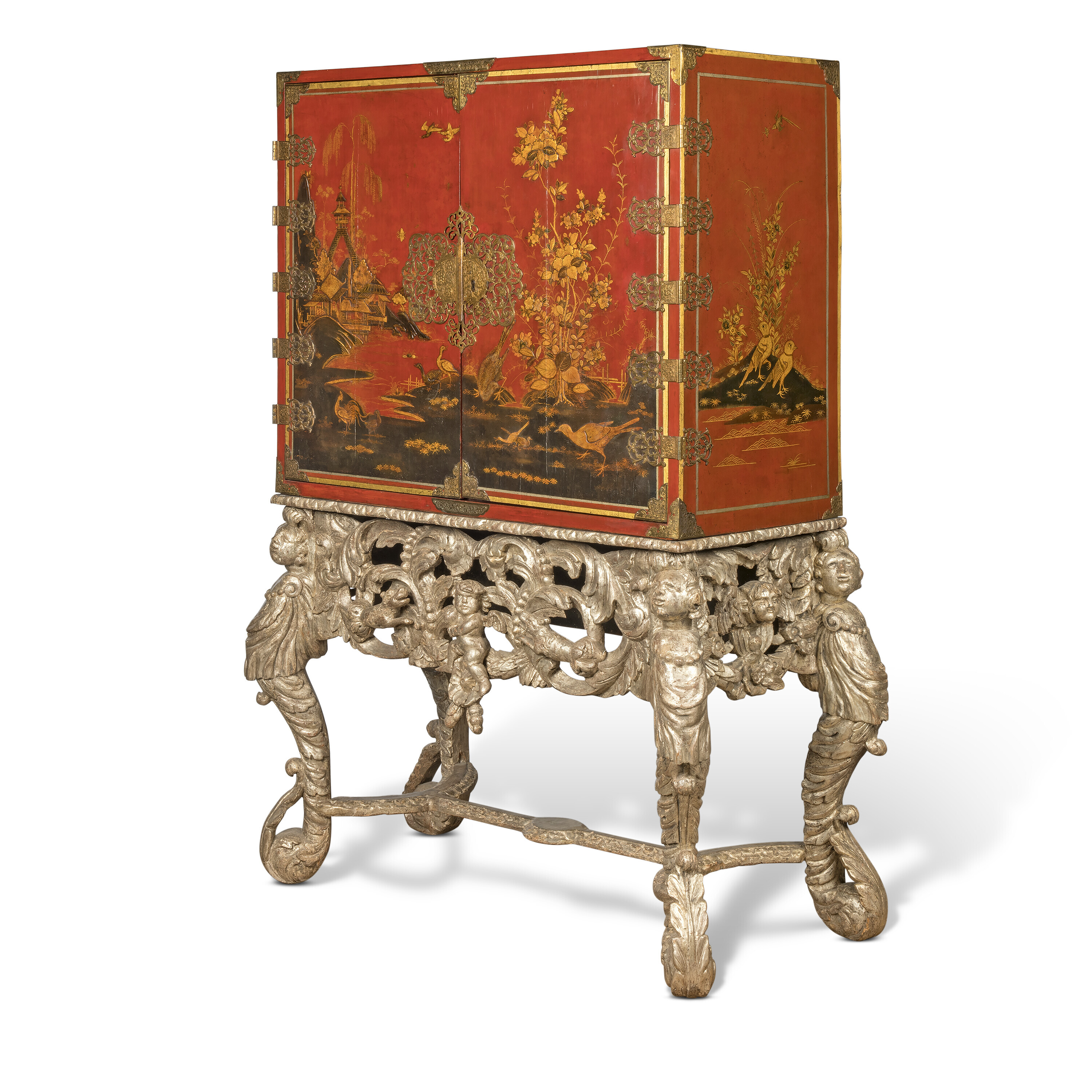 A WILLIAM AND MARY BRASS-MOUNTED RED, BLACK AND GILT