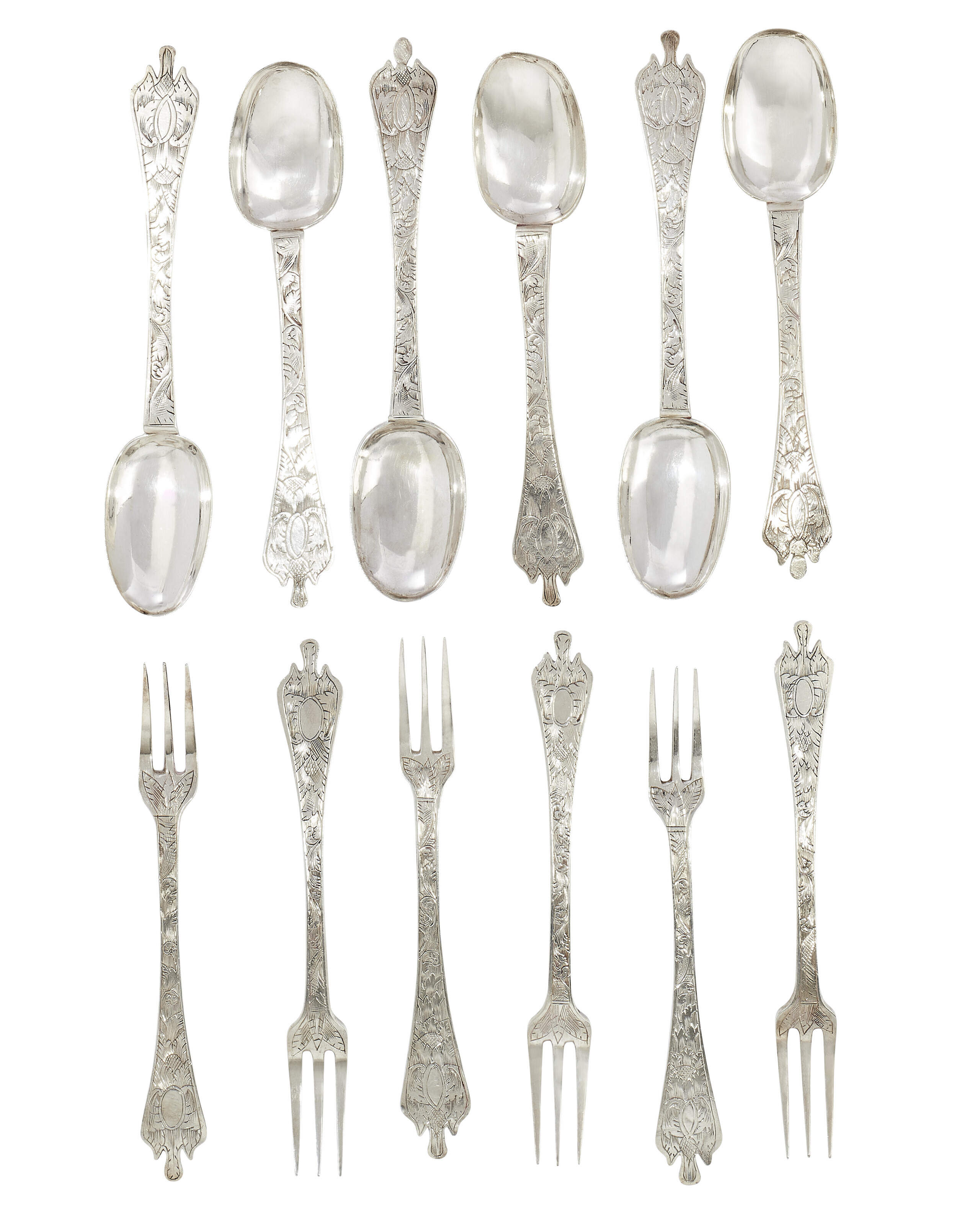 A SET OF SIX CHARLES II SILVER SPOONS AND FORKS, MAKER'S MARK DS