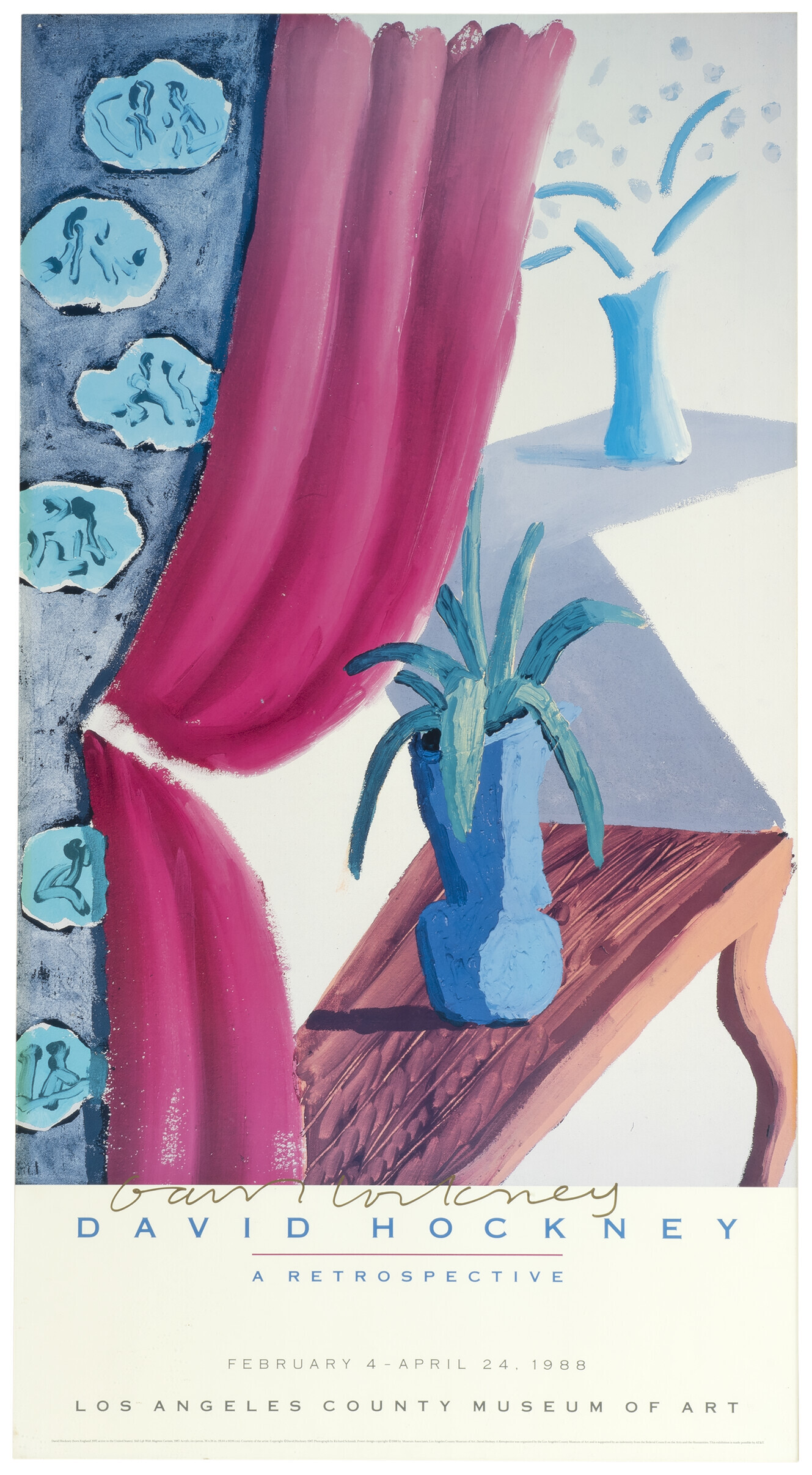 David Hockney, A Retrospective, "Still Life with Magenta Curtain