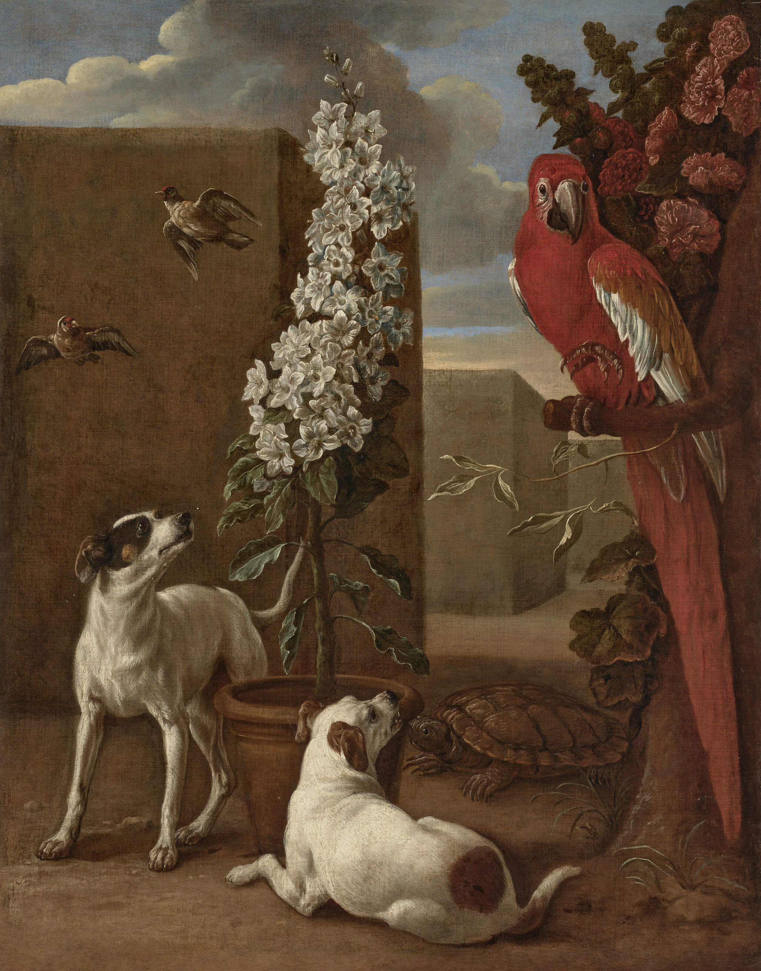 Circle of Alexandre-Fran&ccedil;ois Desportes (1661-1743), A macaw, two terriers, a tortoise and bullfinches in a garden. 43&frac14; x 34 in (109.8 x 86.3 cm), sold for £37,800. All offered on 8 June 2023 at Christie’s in London