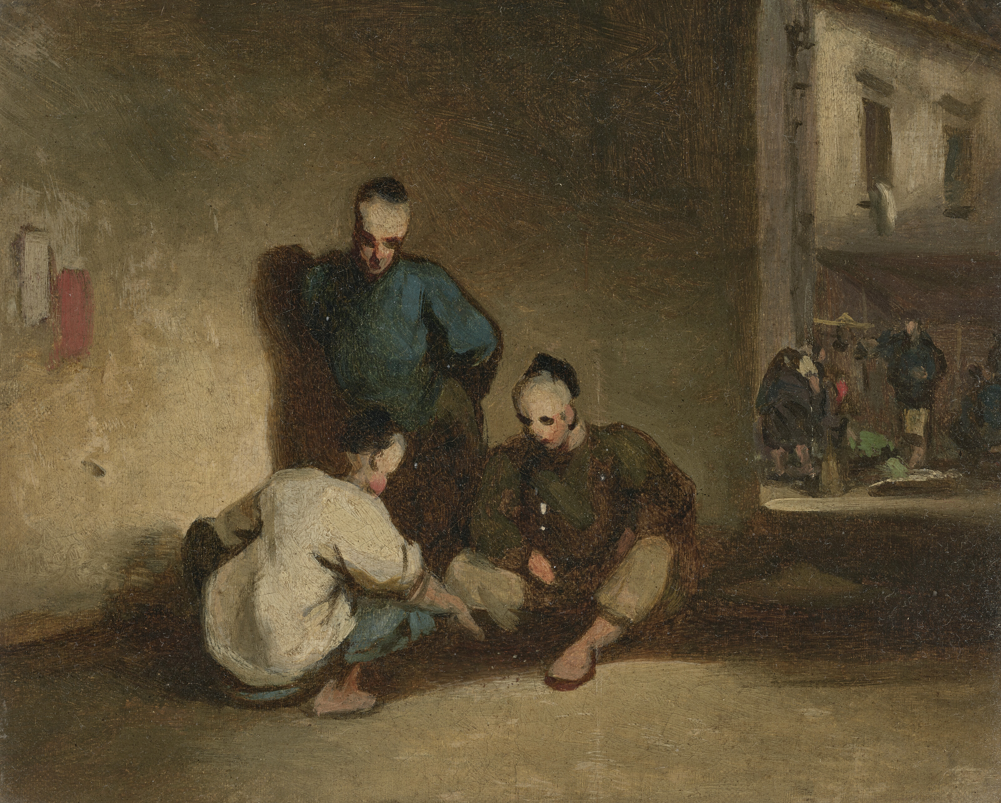 George Chinnery, A street scene in Macau with three men gambling, sold for £8,190 on 25 May 2023 at Christie's in London