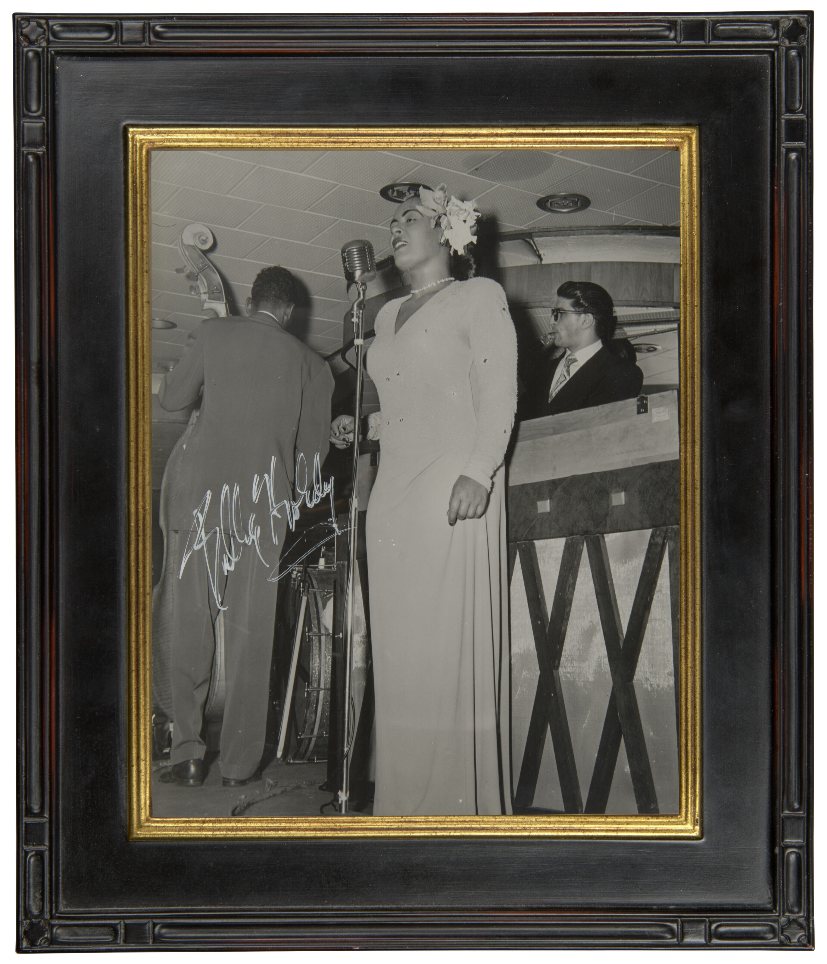 Vintage black and white stage photograph of Billie Holiday by Nat  Singerman, early 1950s, signed in white ink 'Billie Holiday', Billie Holiday  | Christie's