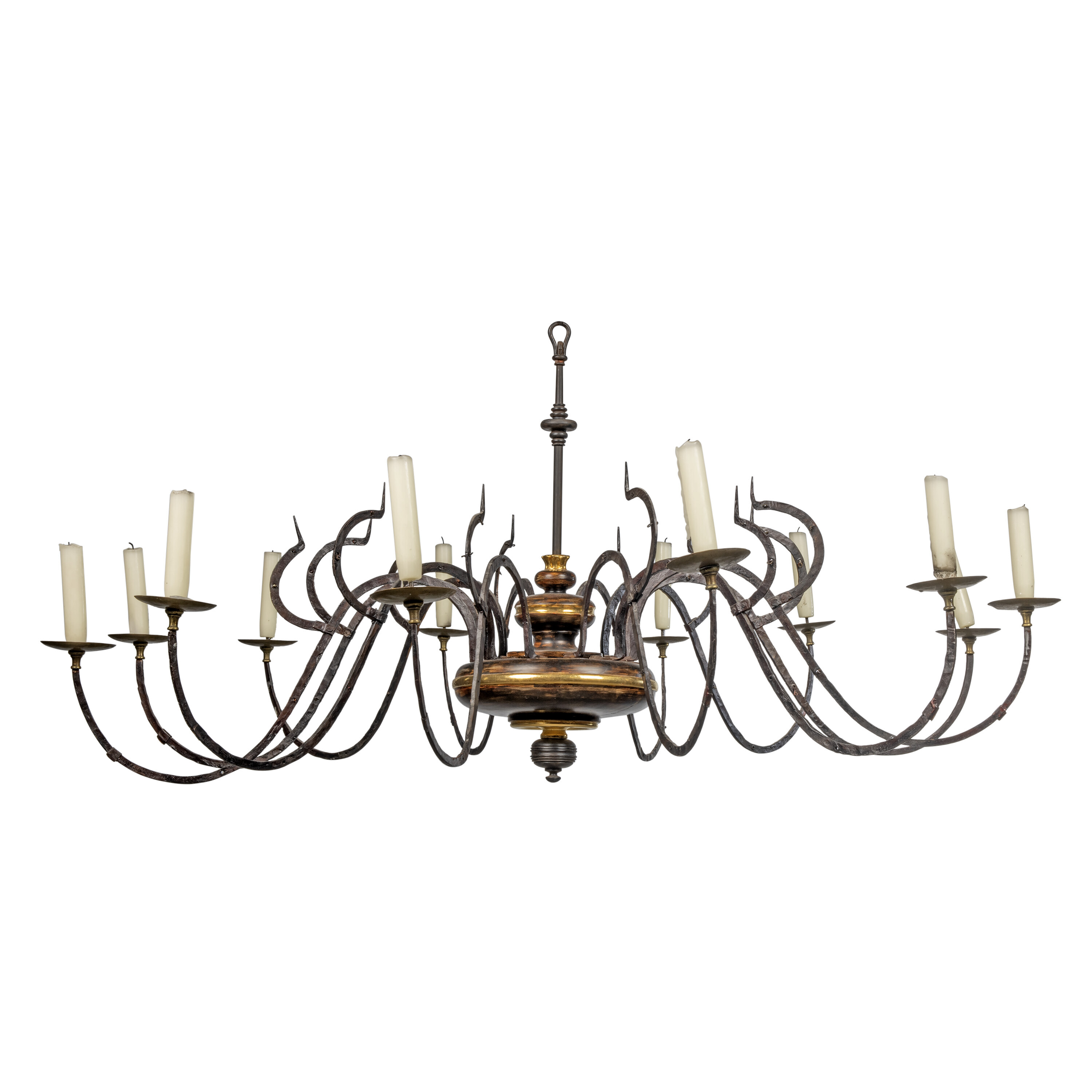A SPANISH WROUGHT-IRON, BRASS, GILTWOOD AND BRONZED TWELVE