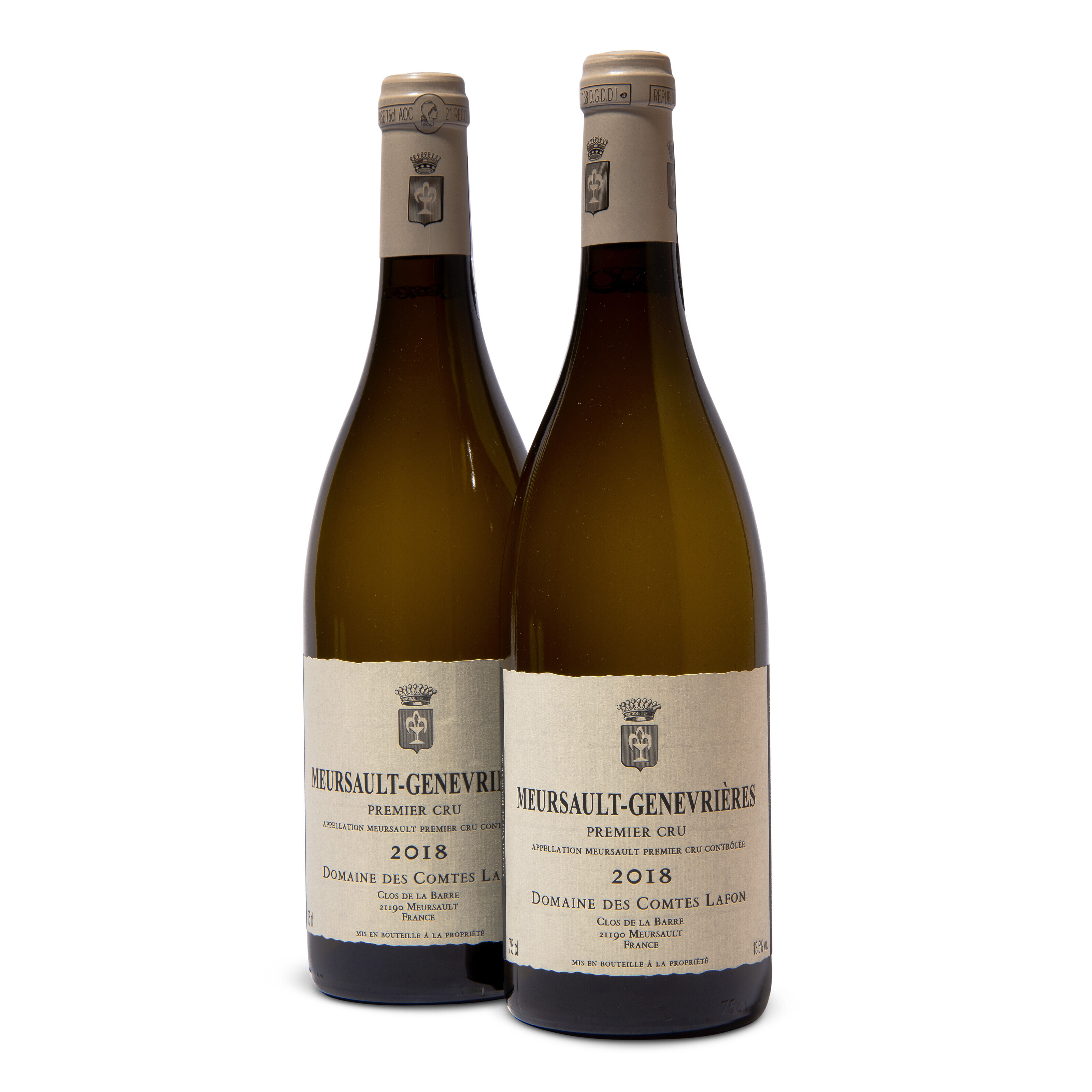 Comtes Lafon, Meursault Les Genevri&egrave;res 2018. 1er Cru, C&ocirc;te de Beaune. 12 bottles per lot. Sold for £3,500 on 7 June 2023 at Christie’s in London