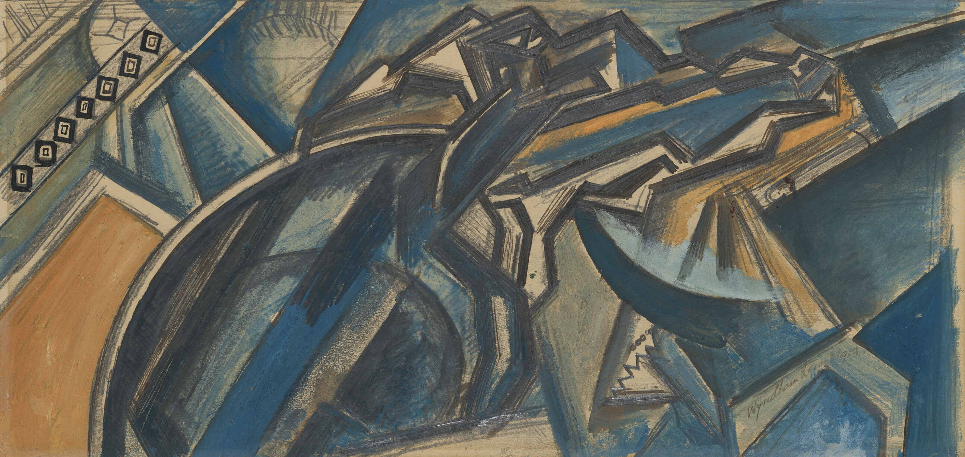 Wyndham Lewis (1882-1957), Protraction, 1913. Pencil, watercolour, gouache and crayon on paper. 5⅞ x 12&frac14; in (14.9 x 31.2 cm). Sold for £63,000 on 21 March 2023 at Christie’s in London