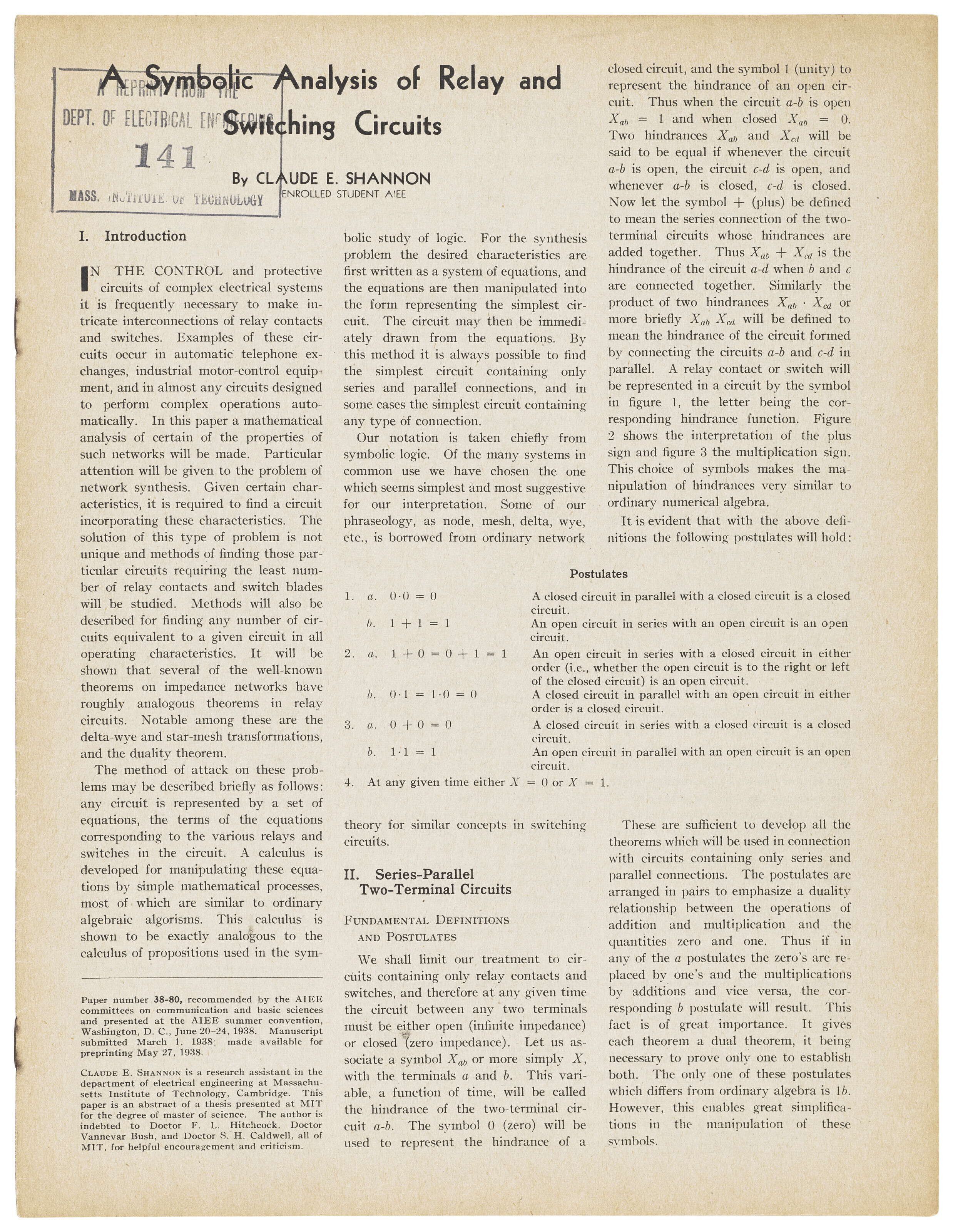Claude Elwood Shannon, A symbolic analysis of relay and switching circuits. Offprint from Transactions of the American Institute of Electrical Engineers 57, 1938, offered in Valuable Books and Manuscripts on 13 December 2023 at Christie's in London