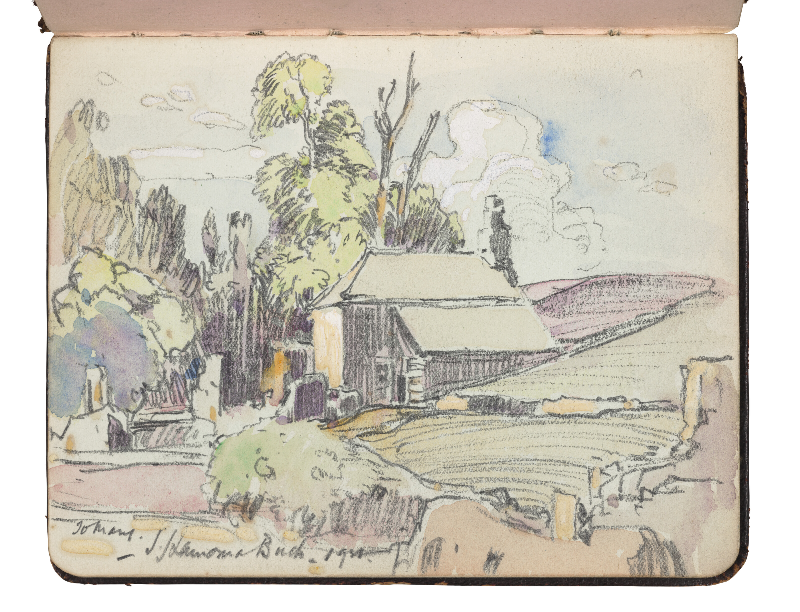 A leather-bound album of drawings and notes, compiled circa 1918-21 by Mary Eady (1905-1992), Harold Knight's niece. 48 pages, including three drawings by Laura Knight, one by Harold Knight, one by Lamorna Birch, one by William Knight and various others by members of the Eady family