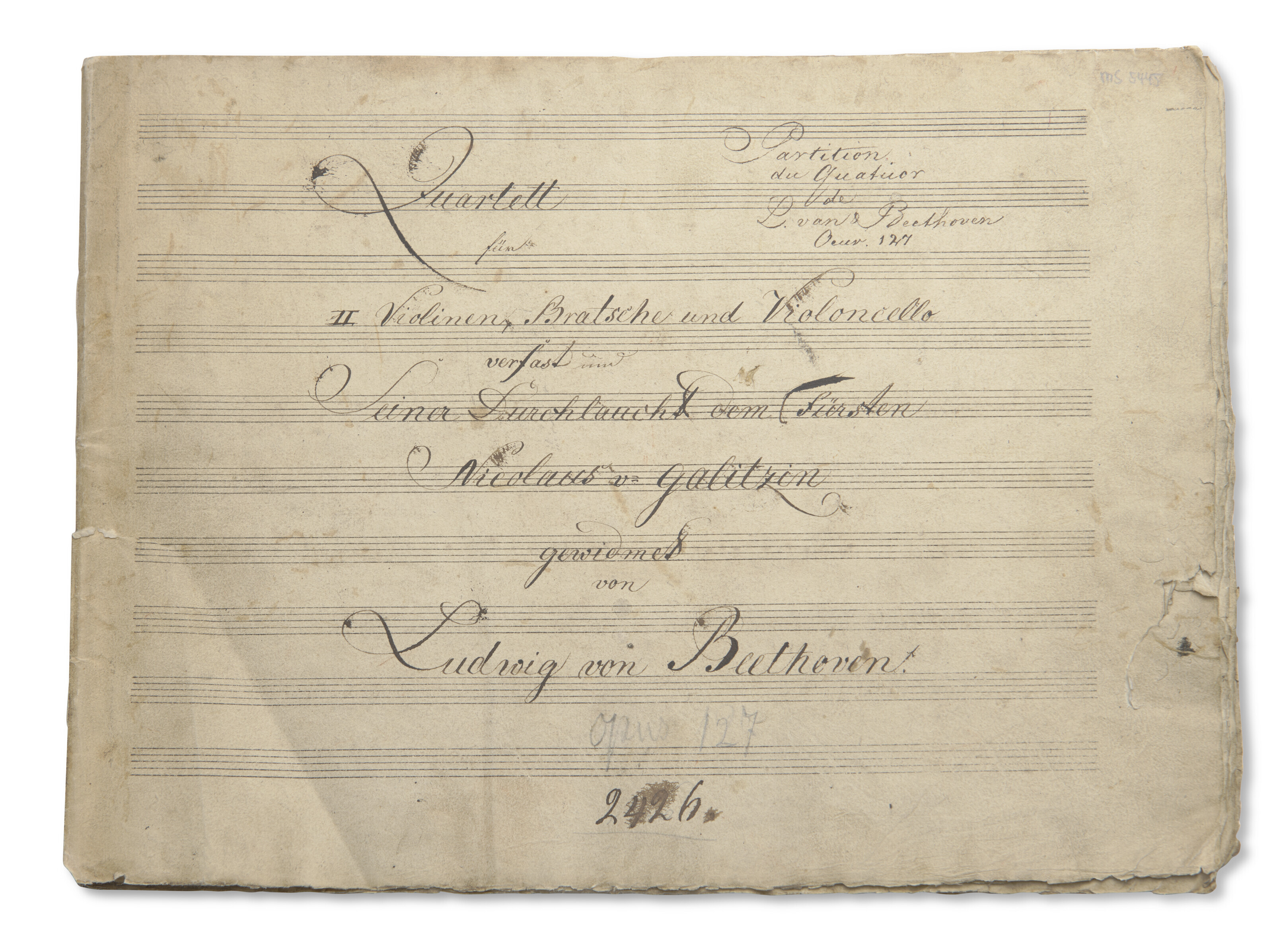 Ludwig van Beethoven (1770-1827), Contemporary scribal manuscript, the  printer's copy for the String Quartet in E flat, Op.127, n.p. [Mainz], n.d.  [1826] | Christie's