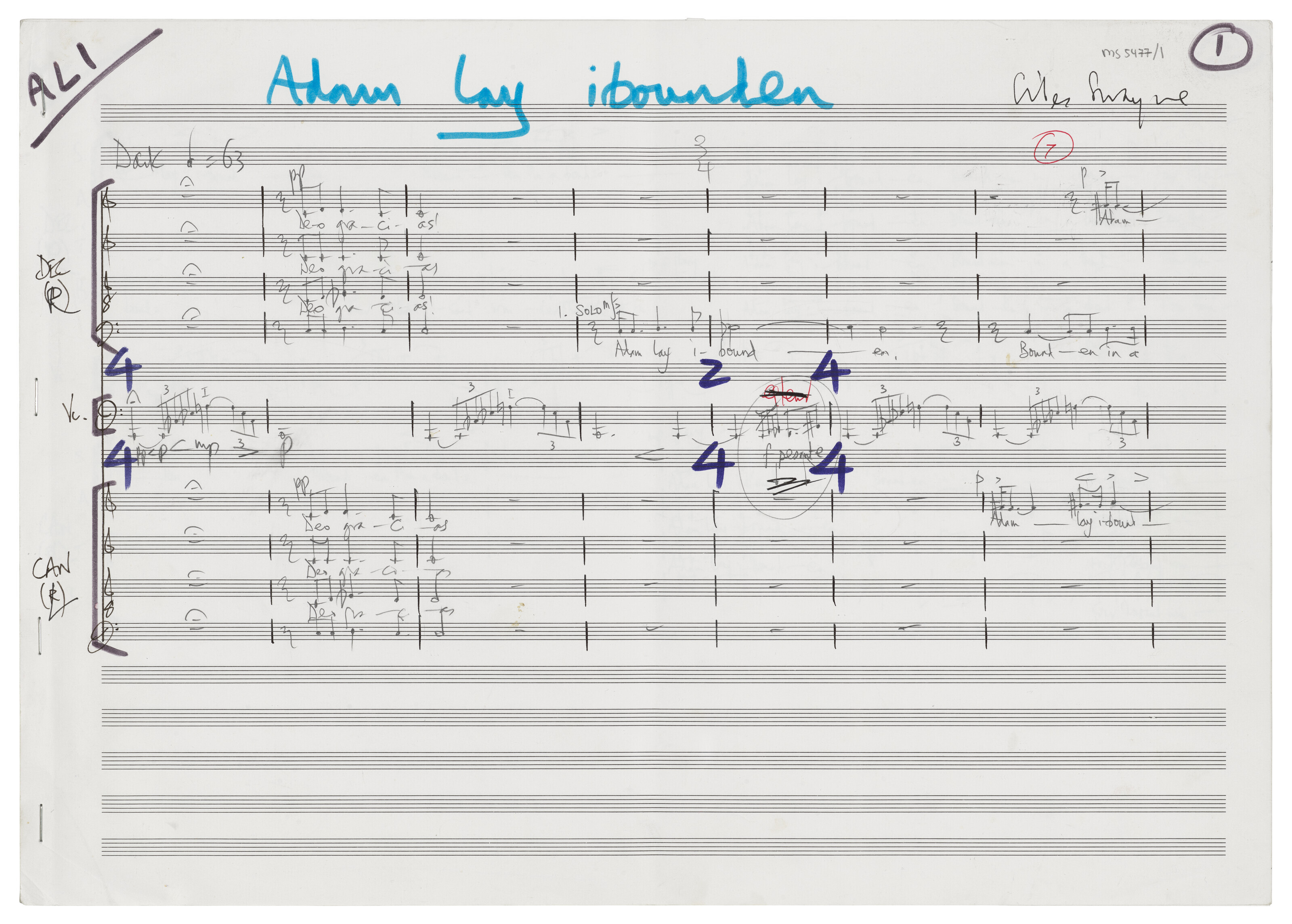 Catalog image of Autograph manuscript signed ('Giles Swayne'), 'Adam lay ibounden' for solo cell…