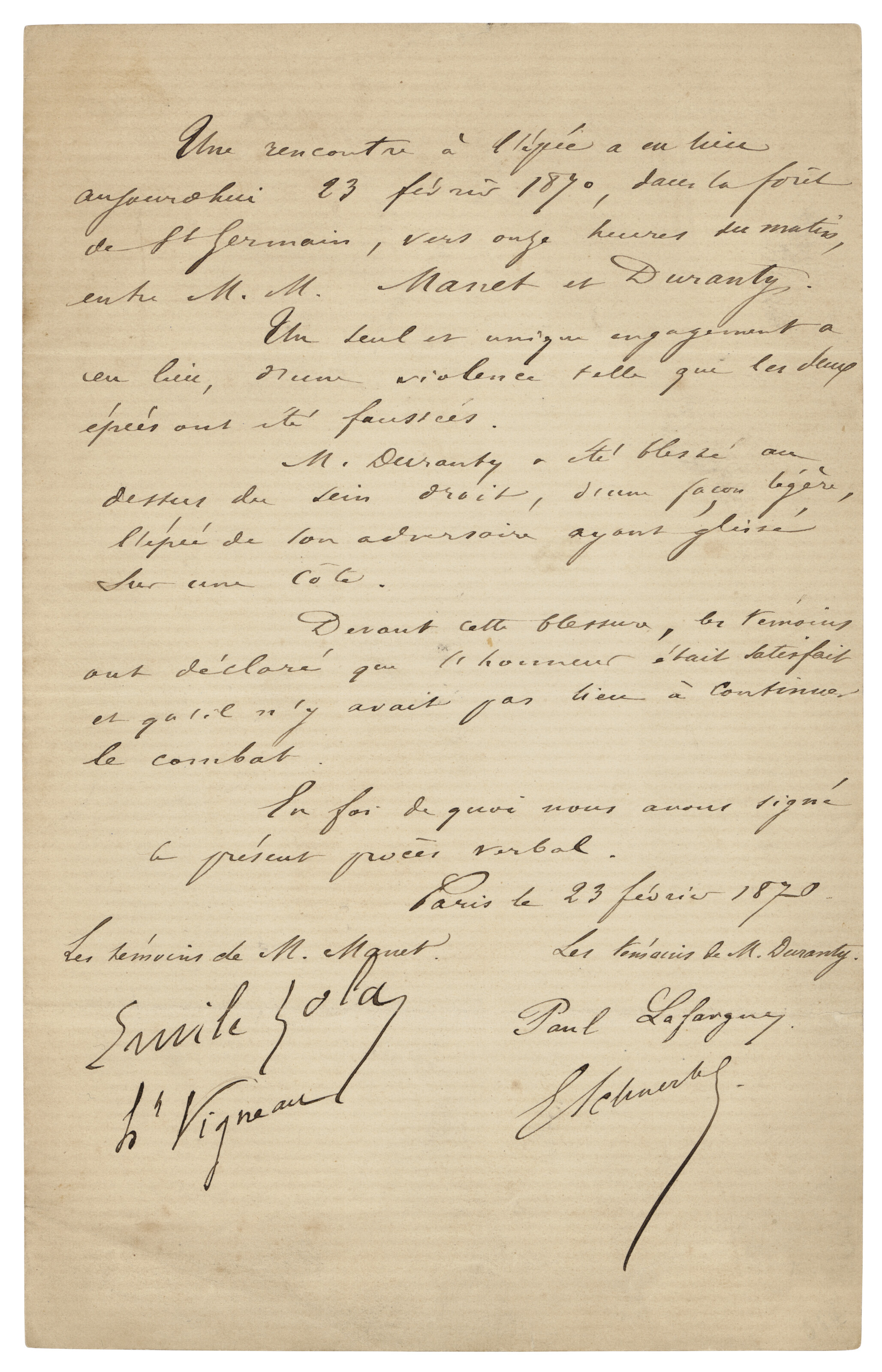 Official record of the duel between Edouard Manet and Edmond Duranty, Paris, 23 February 1870, signed by Emile Zola, offered in The Alphabet of Genius: Important Autograph Letters and Manuscripts, 1-15 December 2023 at Christie's Online