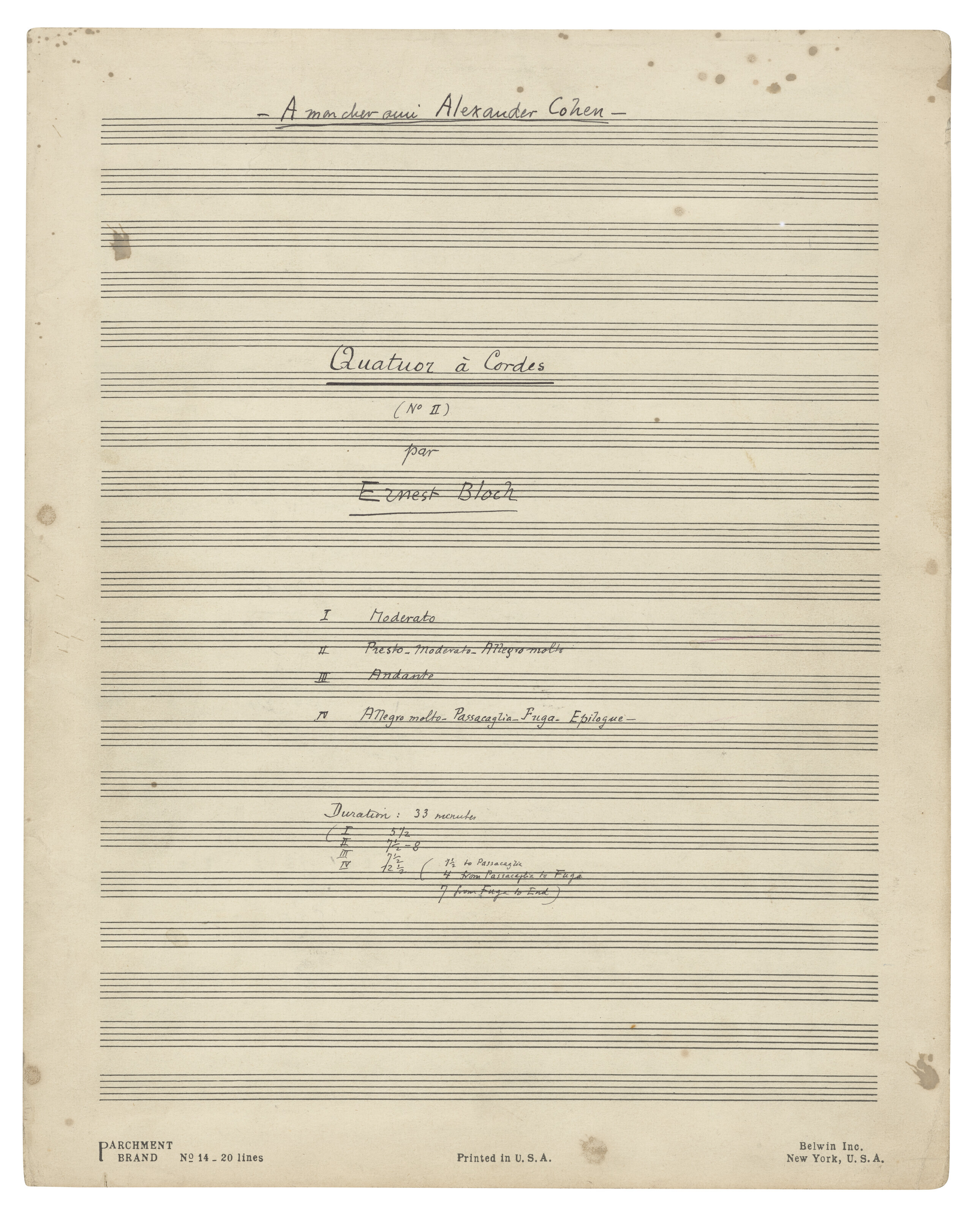 Catalog image of Autograph music manuscript signed of the Second String Quartet, Agate Beach, Or…