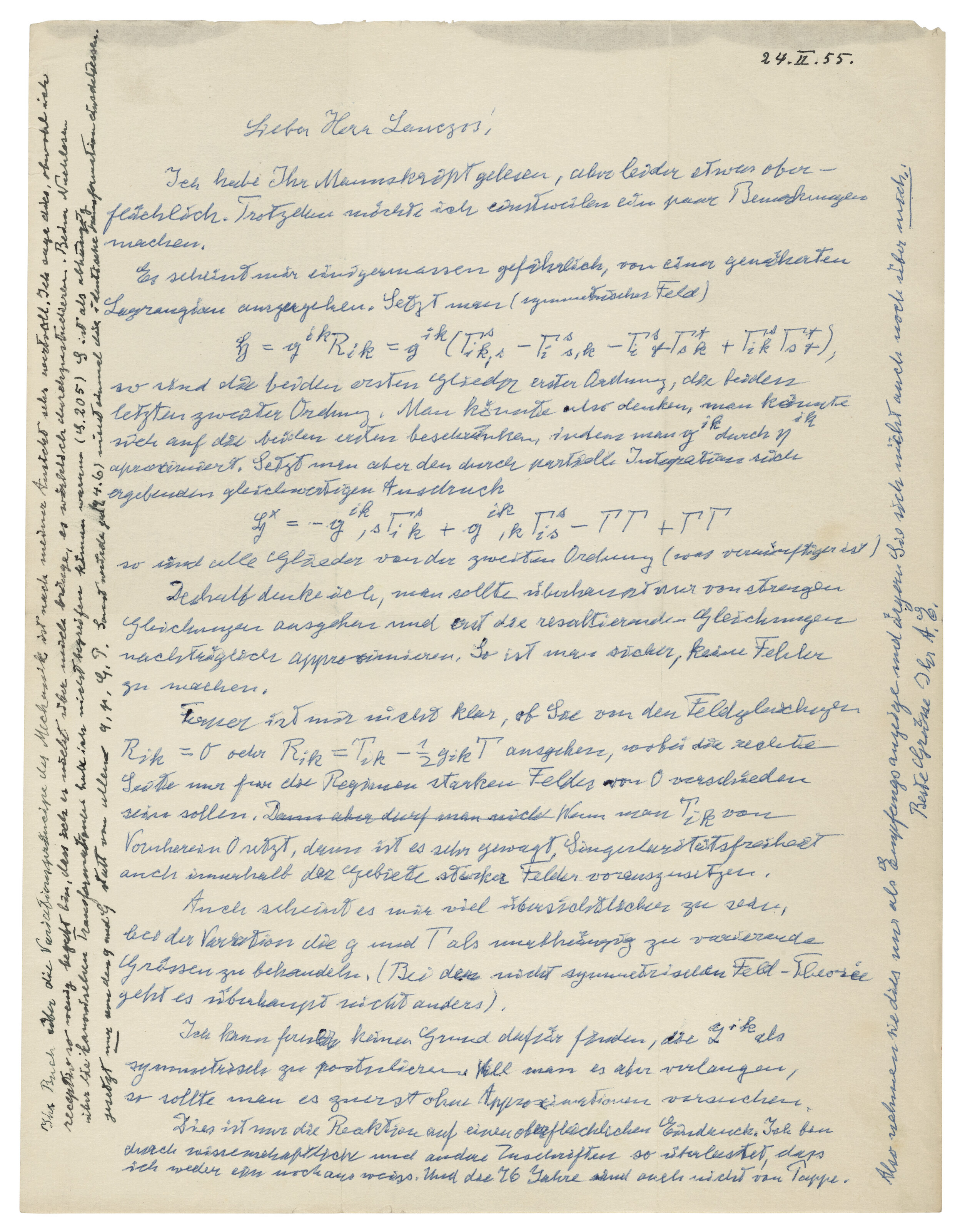 Catalog image of Autograph letter signed (with initials, 'A.E.') to Cornelius Lanczos, n.p., 24 …