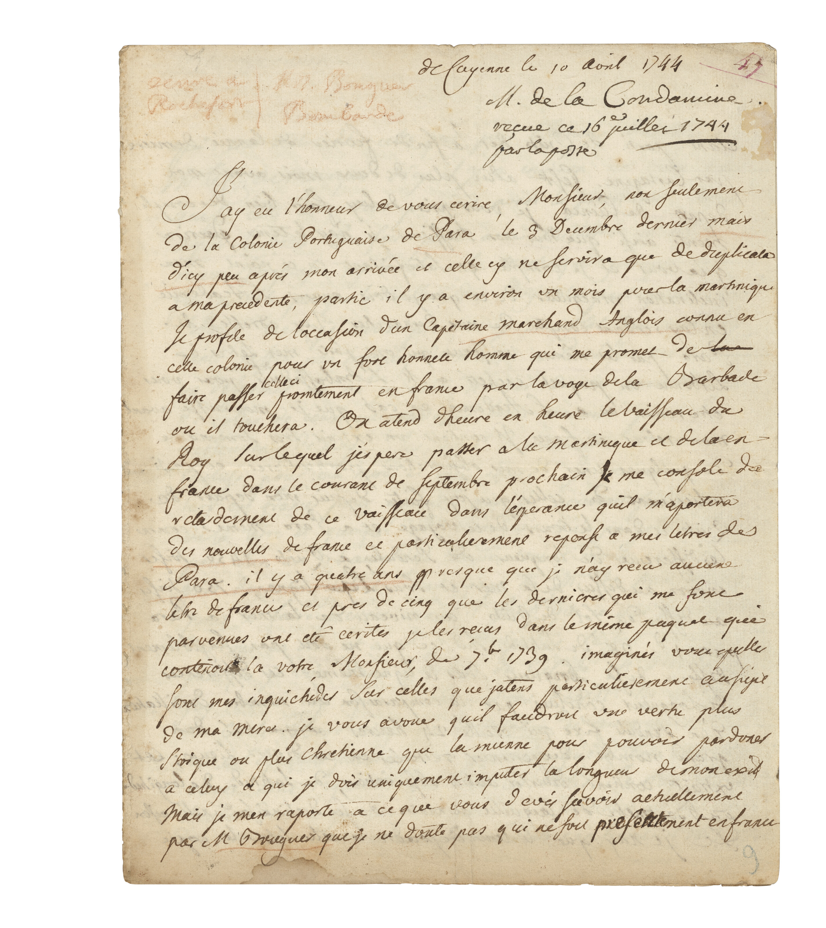 Charles Marie de La Condamine (1701-1774), Autograph letter signed (‘La ...