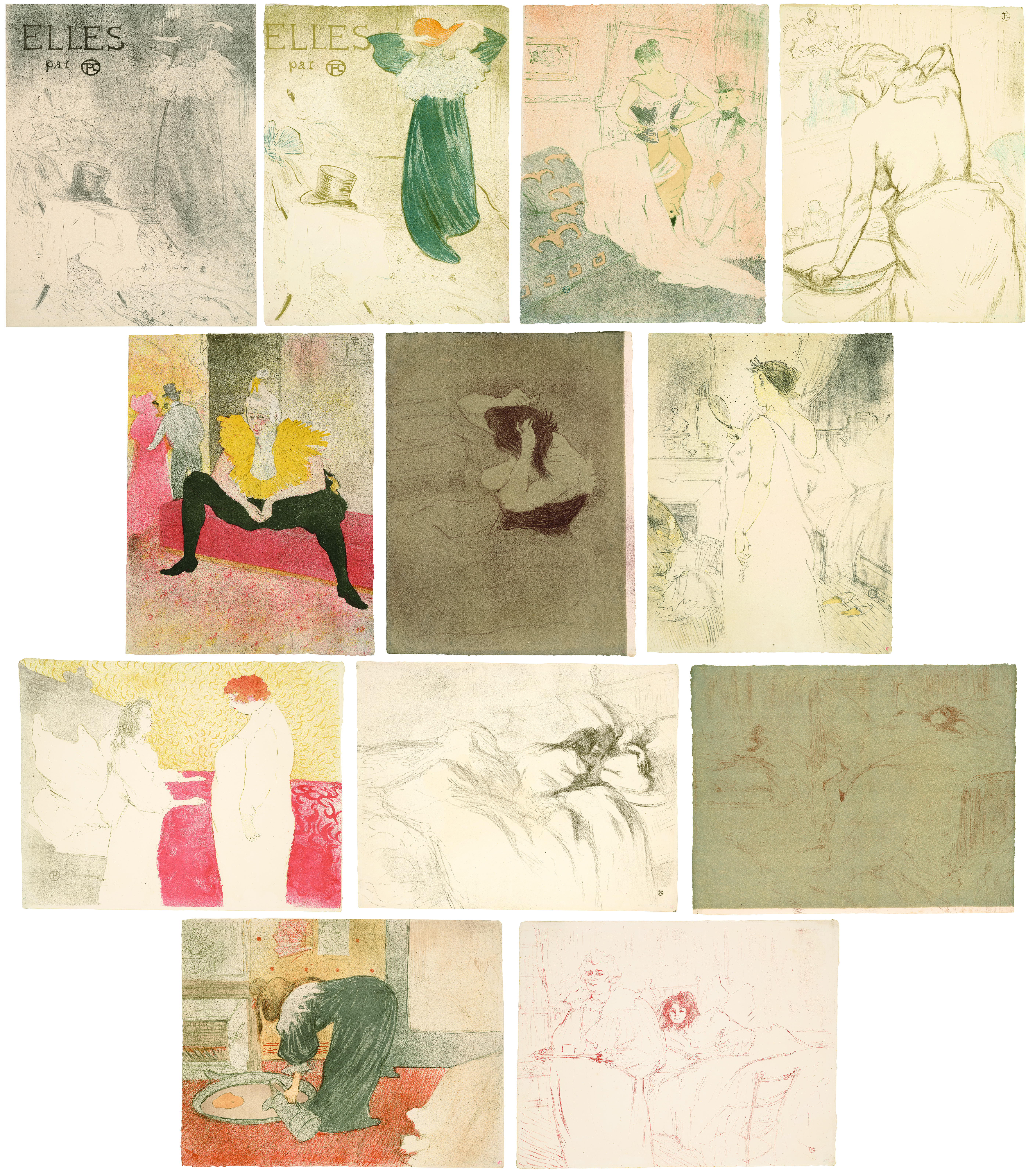 Henri de Toulouse-Lautrec (1864-1901), Elles, 1896. A rare complete set of 12 lithographs, including the cover and frontispiece. Images &amp; sheets: 521 x 400 mm (and similar). Estimate: &pound;450,000-650,000. Offered in Masterpieces from the Collection of Sam Josefowitz: A Lifetime of Discovery and Scholarship on 13 October 2023 at Christie&rsquo;s in London