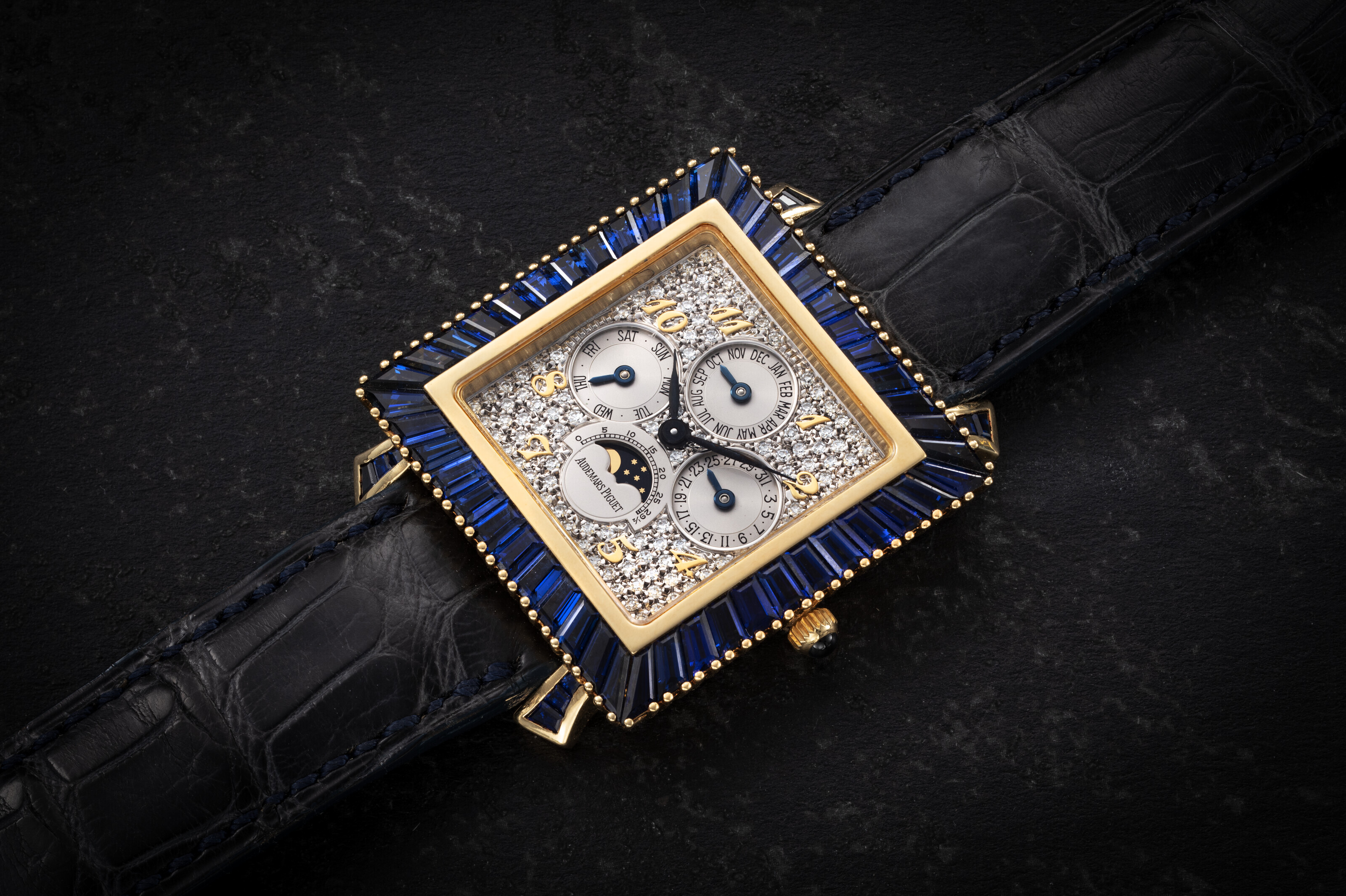 AUDEMARS PIGUET, PERPETUAL CALENDAR REF. 25756BA, A SQUARE GOLD AND  SAPPHIRE-SET PERPETUAL CALENDAR WITH PAVÈ DIAL, CASE NB. 1