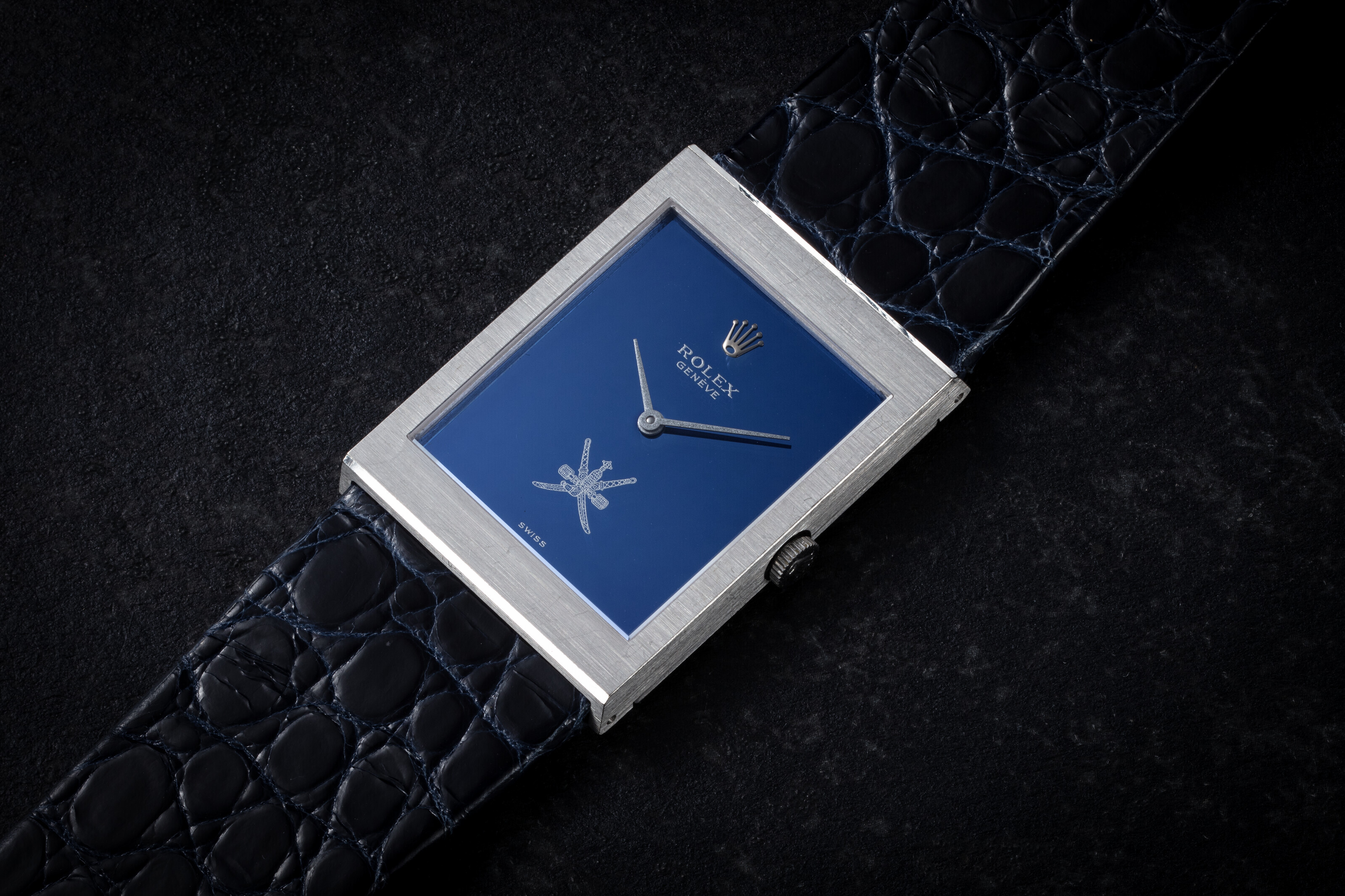 ROLEX CELLINI REF. 4027 KHANJAR A RARE RECTANGULAR WHITE GOLD WRISTWATCH WITH NATIONAL SYMBOL OF OMAN