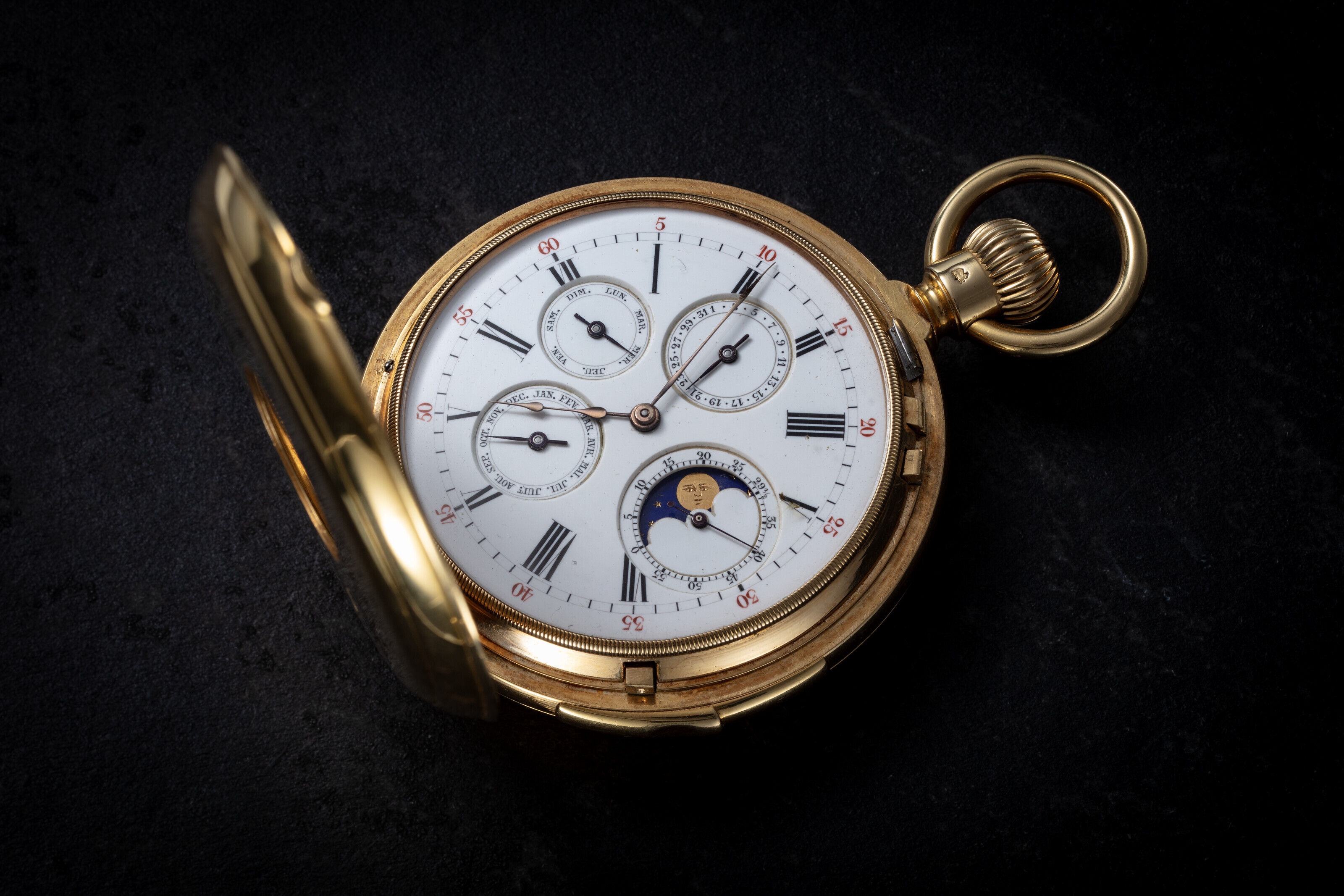 A RARE GOLD HALF HUNTER CASE QUARTER-REPEATING TRIPLE CALENDAR