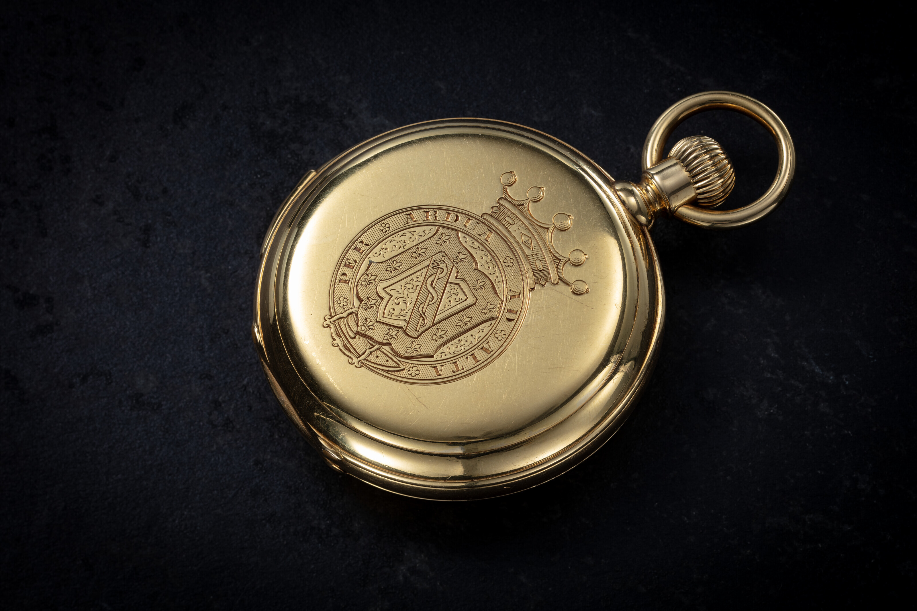 A RARE GOLD HALF HUNTER CASE QUARTER-REPEATING TRIPLE CALENDAR
