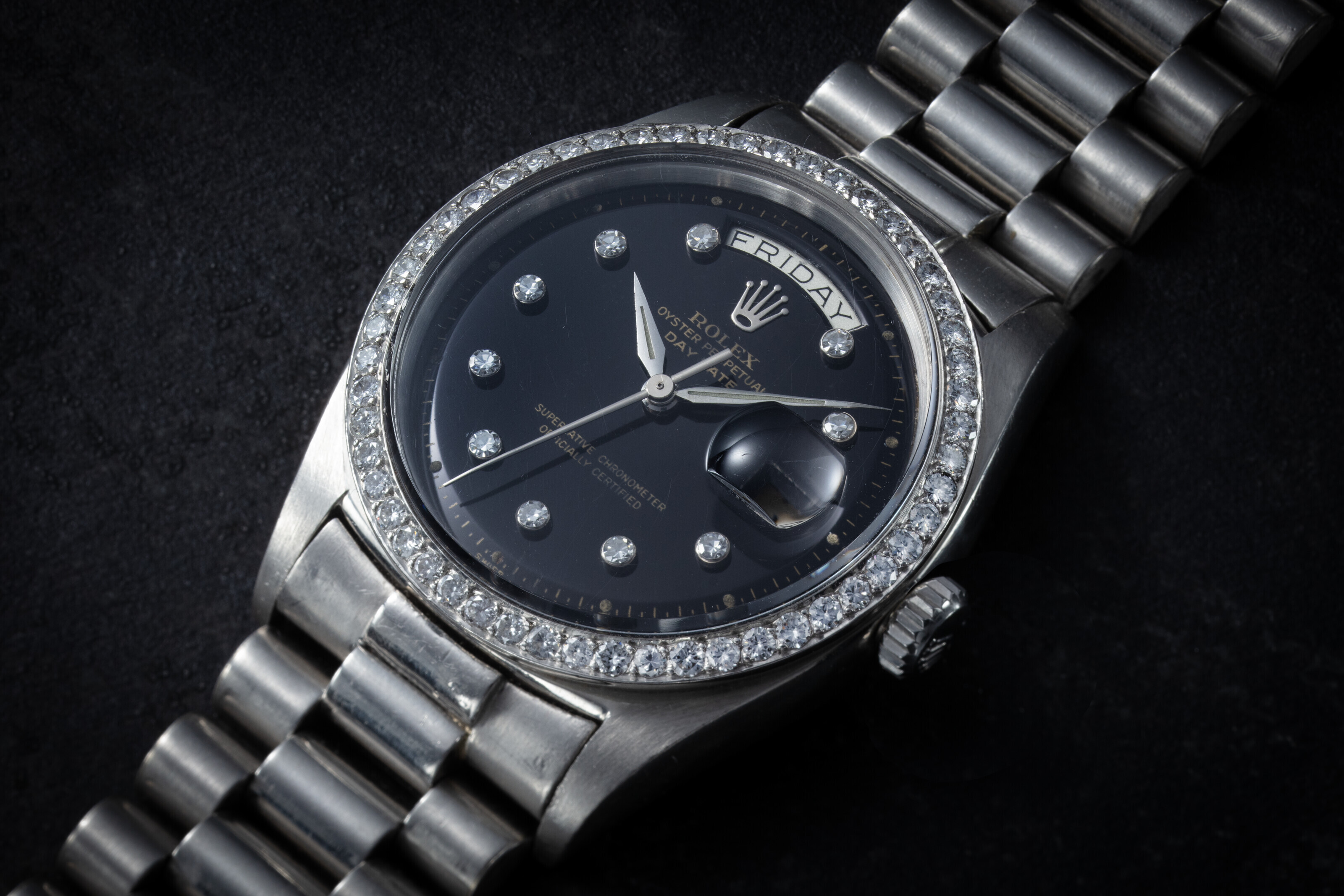 ROLEX DAY DATE REF. 6612B AN EXTREMELY RARE AND ATTRACTIVE PLATINUM AND DIAMOND SET WRISTWATCH CASE NUMBER 446 062 MOVEMENT NUMBER N884665 Christie s