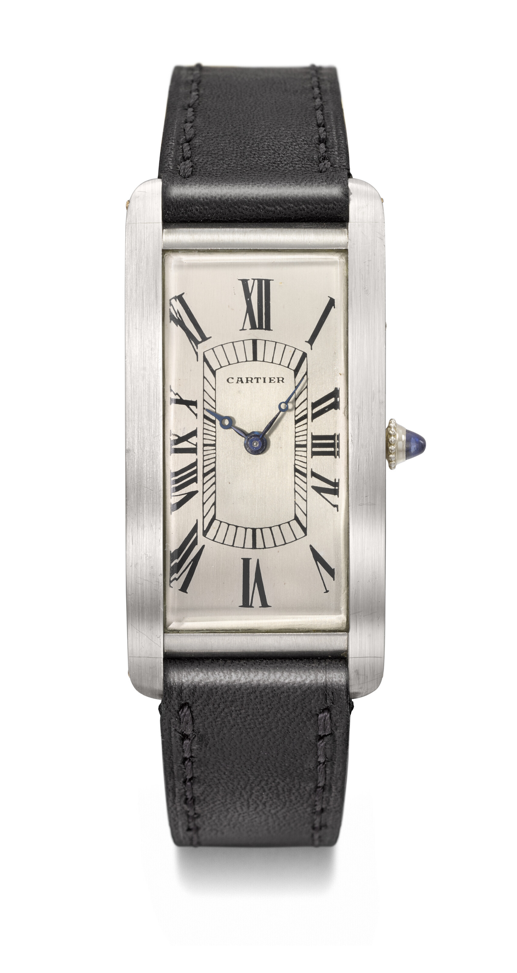 CARTIER. AN EXTREMELY RARE AND EARLY RECTANGULAR CURVED PLATINUM