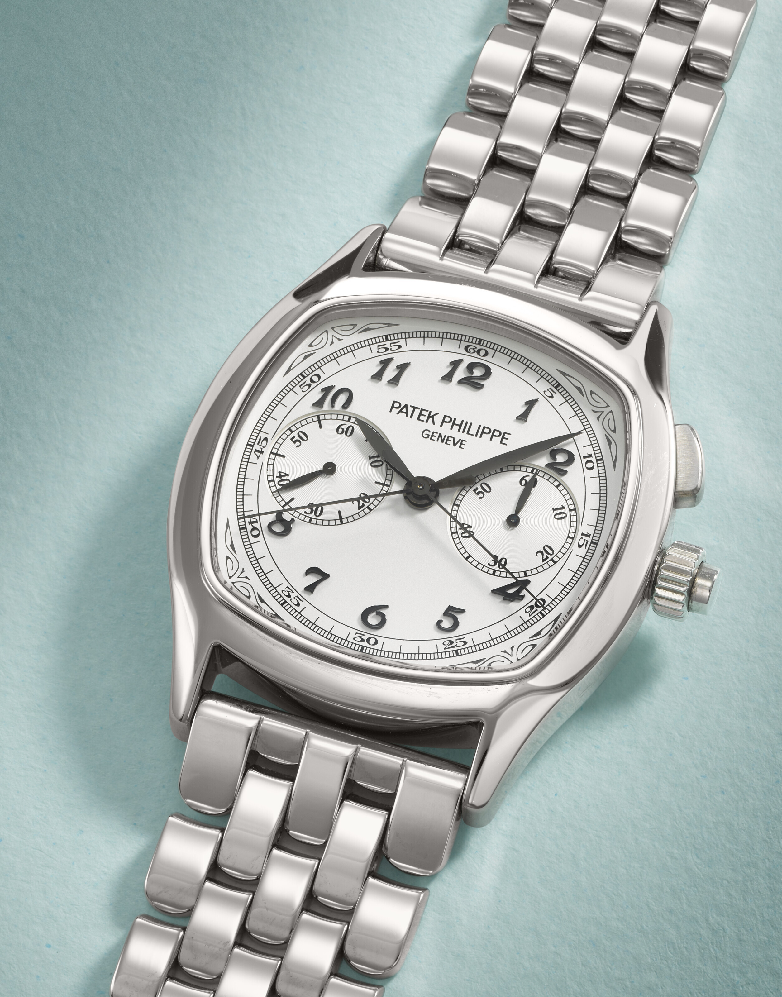 PATEK PHILIPPE. A VERY RARE AND HIGHLY ATTRACTIVE STAINLESS STEEL
