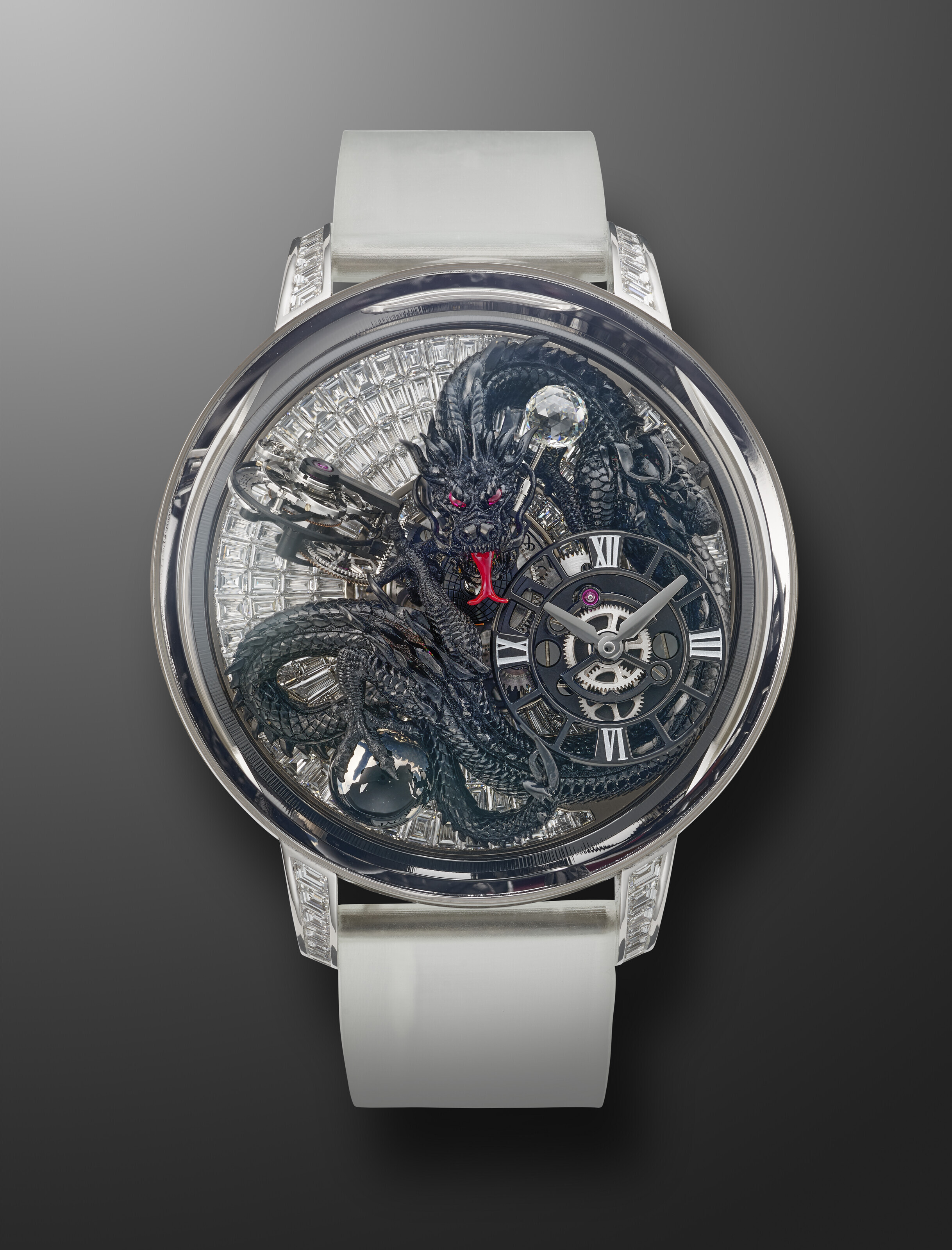 JACOB CO IMPRESSIVE AND UNIQUE WHITE GOLD SAPPHIRE AND BAGUETTE DIAMOND SET DOUBLE AXIS TOURBILLON ASTRONOMIA ART COLLECTION WITH A 24K BLACK