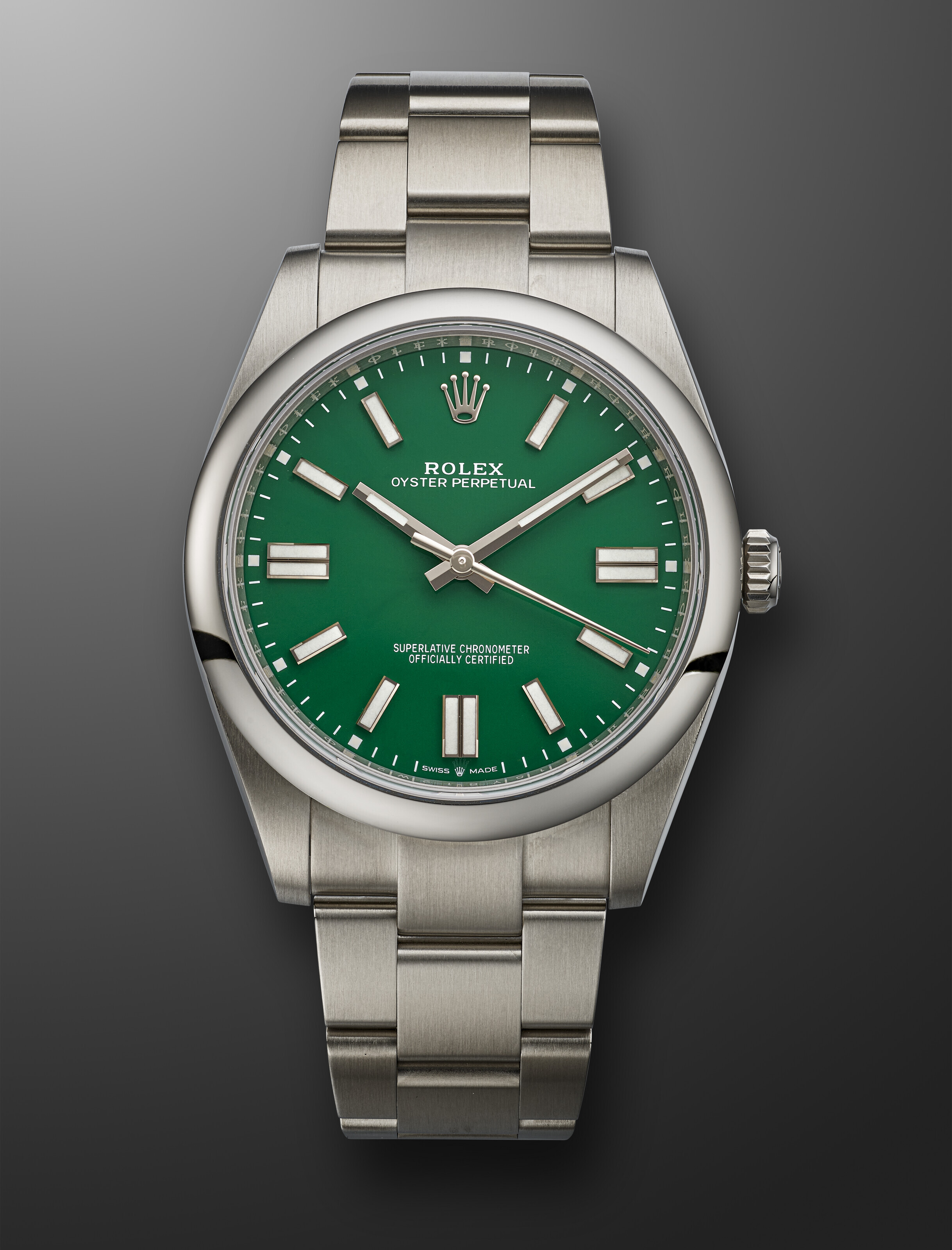 ROLEX, STAINLESS STEEL 'OYSTER PERPETUAL' WITH GREEN DIAL, REF. 124300 ...