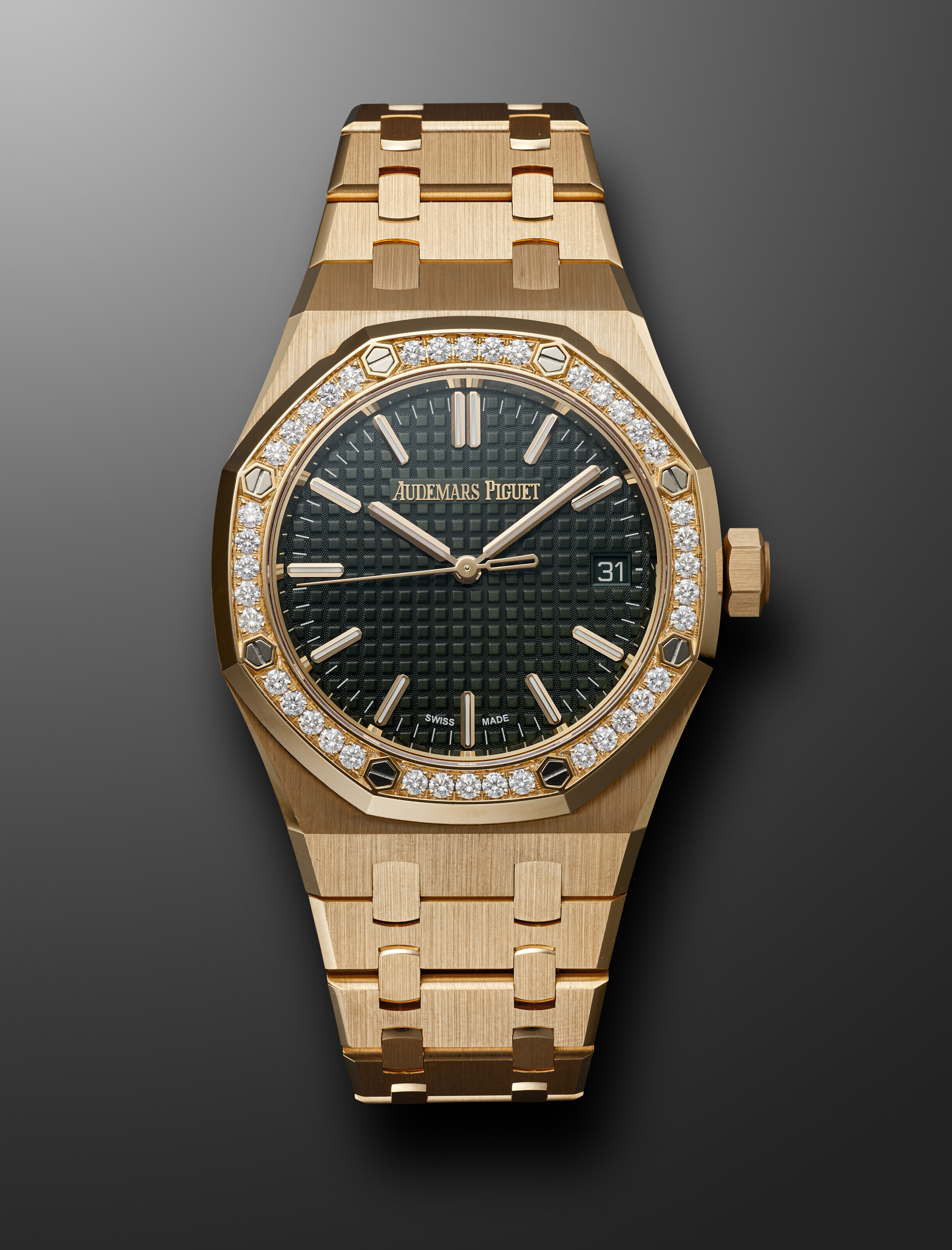 AUDEMARS PIGUET, PINK GOLD AND DIAMOND-SET 'ROYAL OAK' WITH GREEN DIAL ...