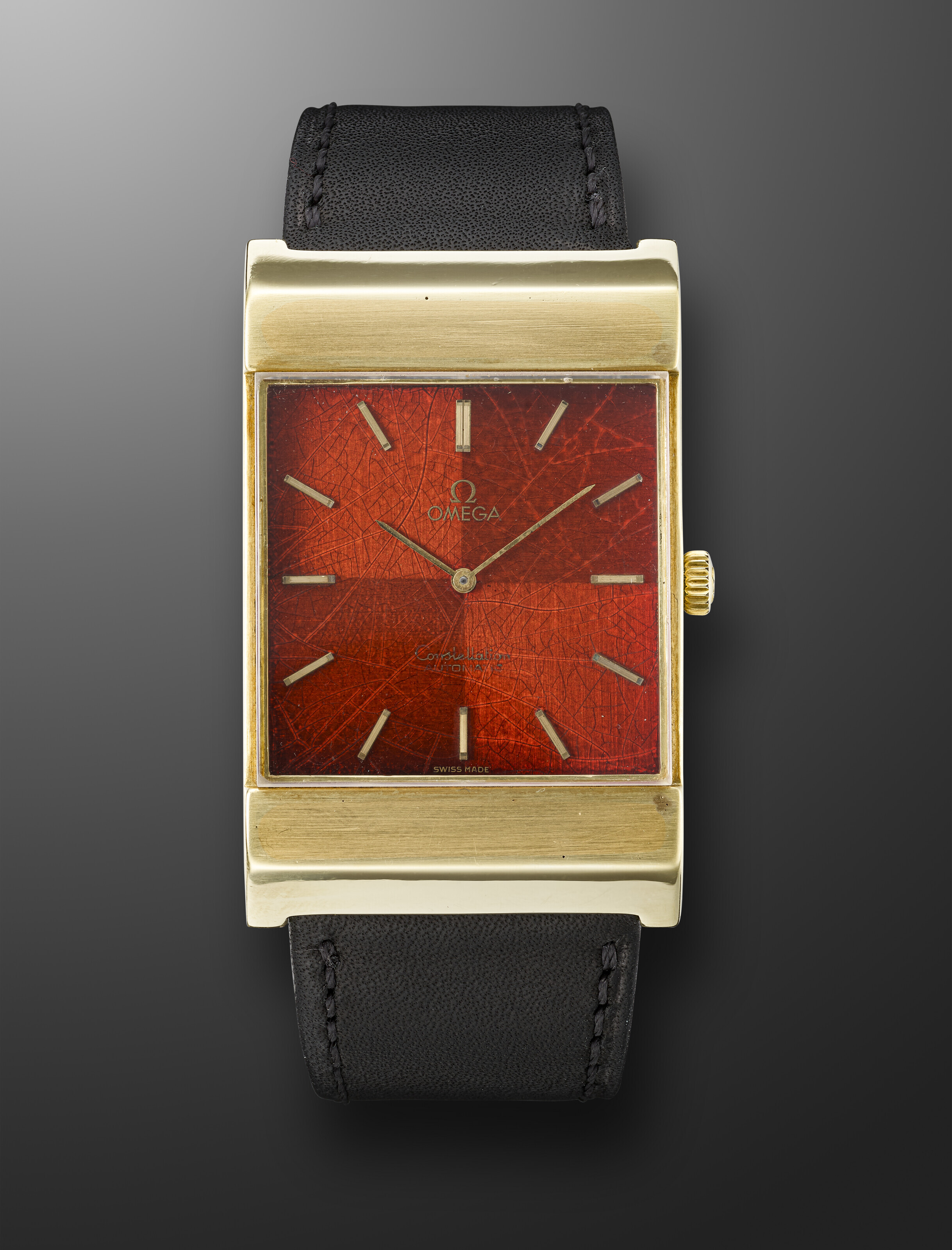 OMEGA, 14K YELLOW GOLD RECTANGULAR WRISTWATCH WITH WOODEN DIAL, REF ...