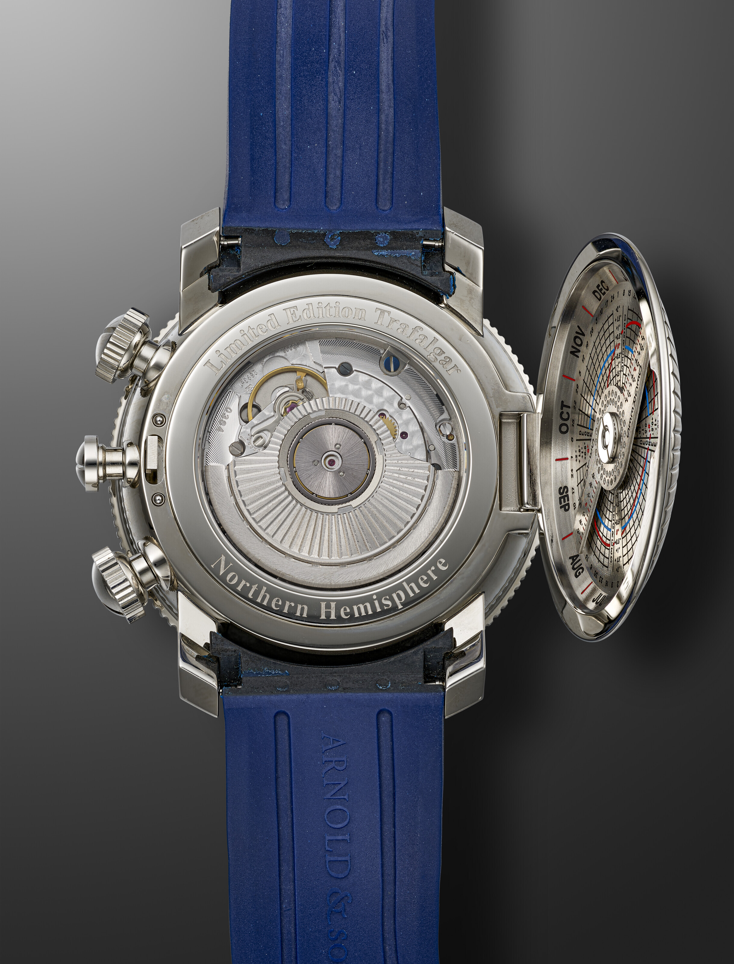 ARNOLD SON LIMITED EDITION STAINLESS STEEL GMT LONGITUDE II TRAFALGAR WITH LONGITUDINAL SCALE LONGITUDE CALCULATION EQUATION OF TIME INDEX NO. 041 200 Christie s