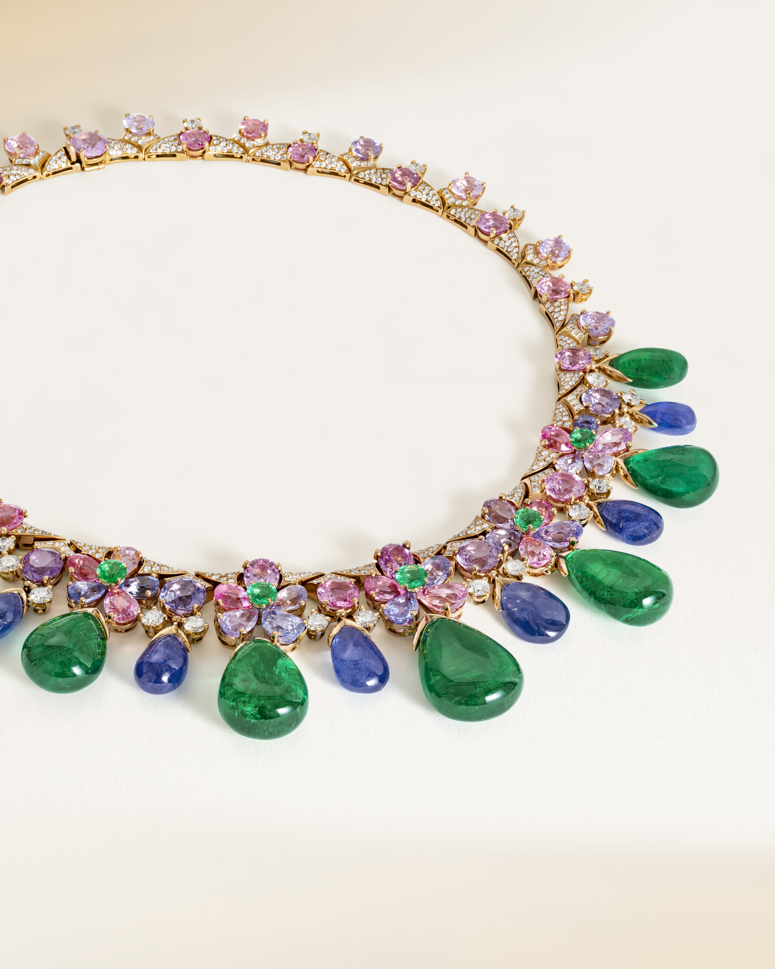 A multi-gem necklace by Bulgari. Incorporating precious and semi-precious stones and rose gold, this eye-catching necklace is in keeping with 'the real demand for big, bold pieces' noted by Fawcett in recent years, sold for CHF 882,000 on 17 May 2023 at Christie's in Geneva