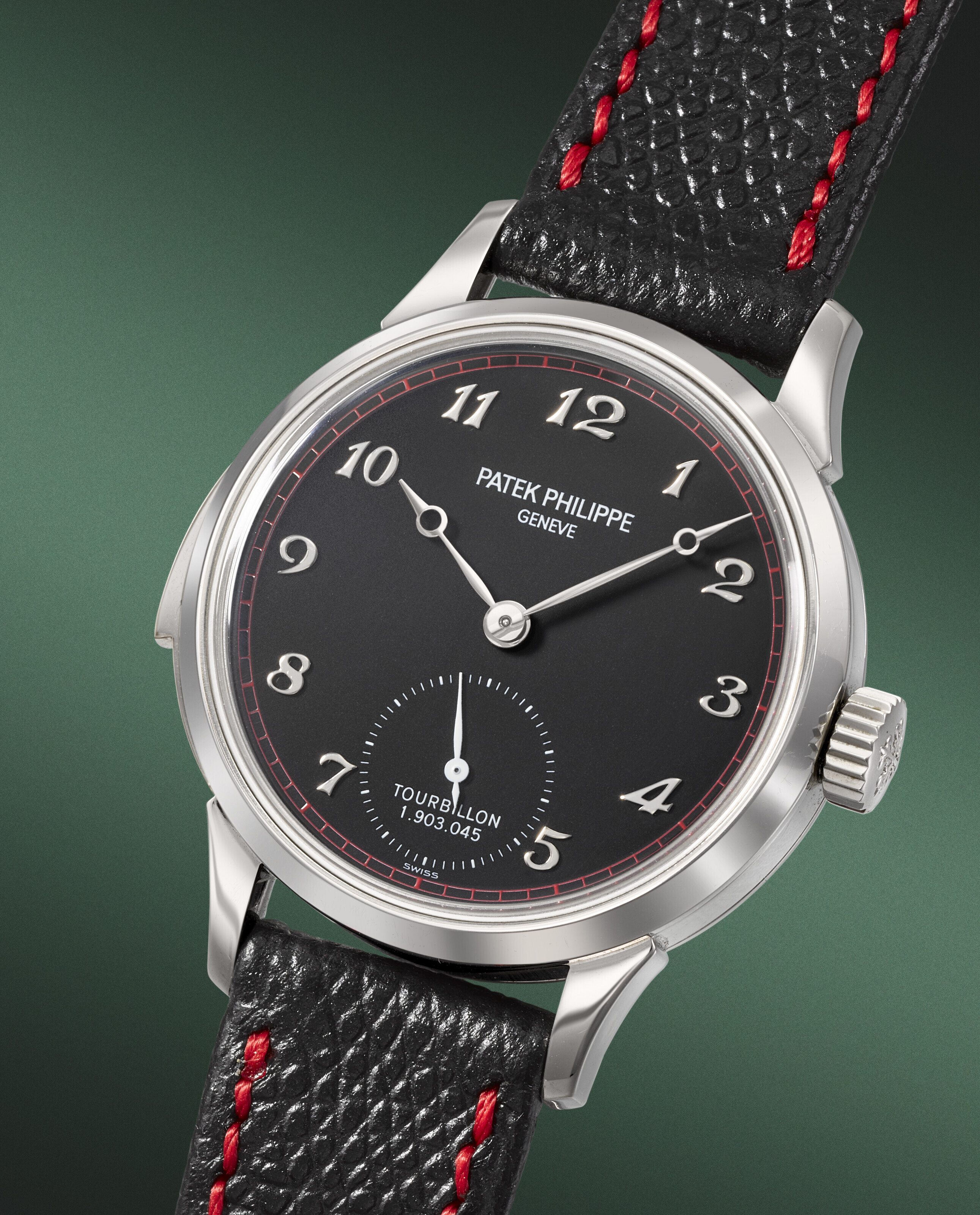 PATEK PHILIPPE. A POSSIBLY UNIQUE AND EXCEPTIONAL PLATINUM MINUTE REPEATING TOURBILLON WRISTWATCH WITH BREGUET NUMERALS AND RED MINUTE TRACK SIGNED PATEK PHILIPPE GENEVE REF. 3939HP 001 MOVEMENT NO. 1...