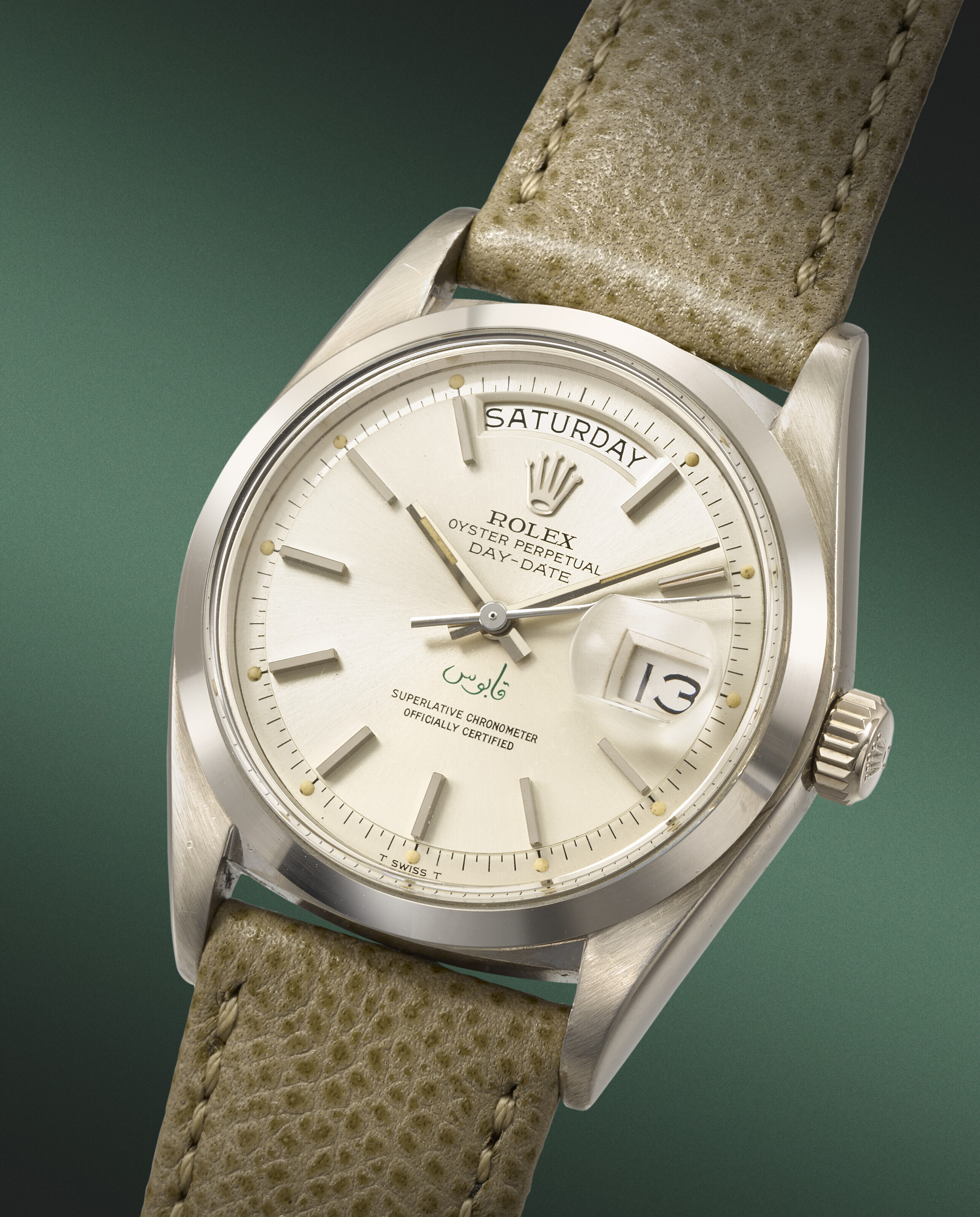 ROLEX. A VERY RARE AND ATTRACTIVE 18K WHITE GOLD AUTOMATIC WRISTWATCH WITH SWEEP CENTRE SECONDS DAY AND DATE MADE FOR THE SULTANATE OF OMAN SIGNED ROLEX DAY DATE MODEL REF. 1802 CASE NO