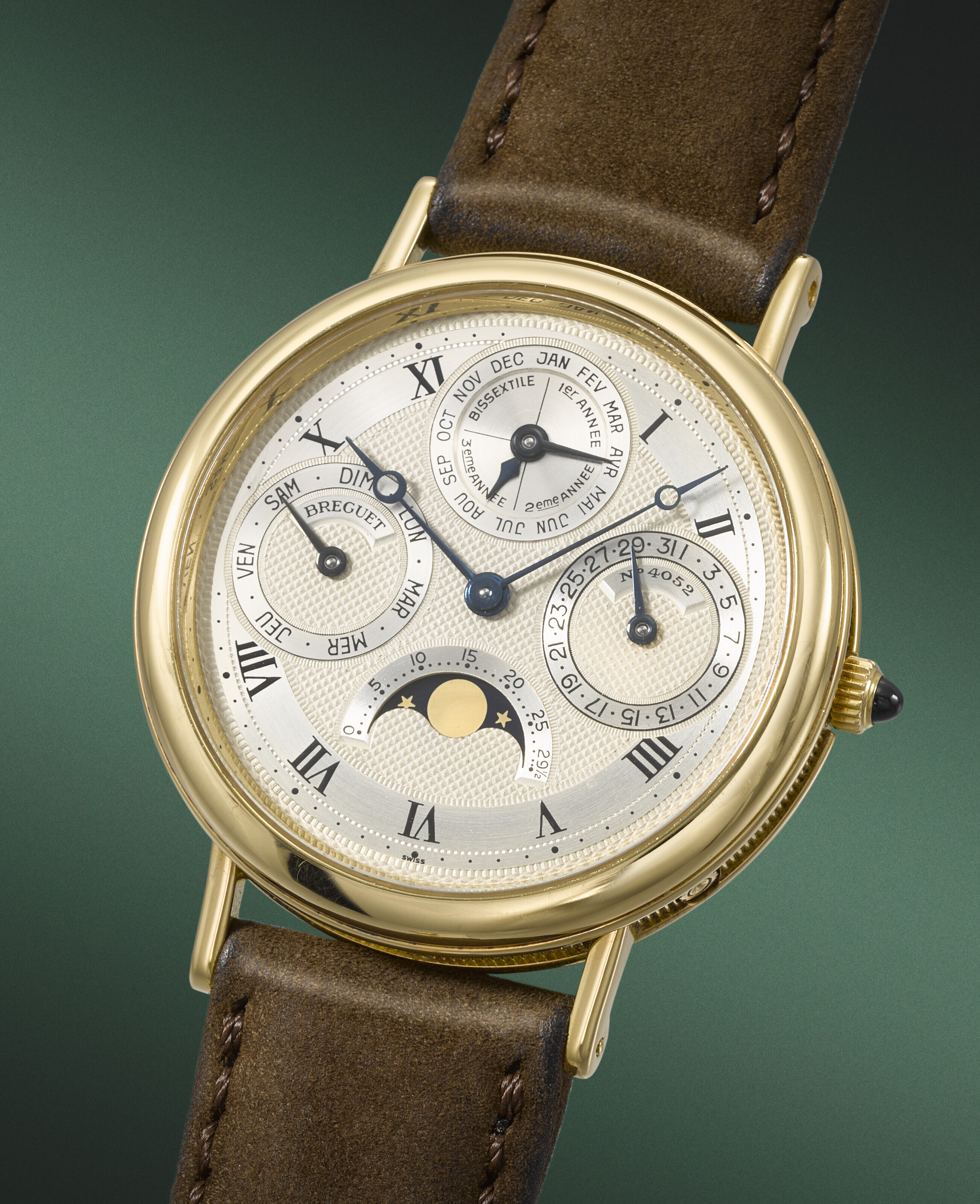 BREGUET. AN ELEGANT 18K GOLD AUTOMATIC PERPETUAL CALENDAR WRISTWATCH WITH MOON PHASES AND LEAP YEAR INDICATION SIGNED BREGUET CLASSIQUE PERPETUAL CALENDAR MODEL REF. 3050 CIRCA 1990 Christie s