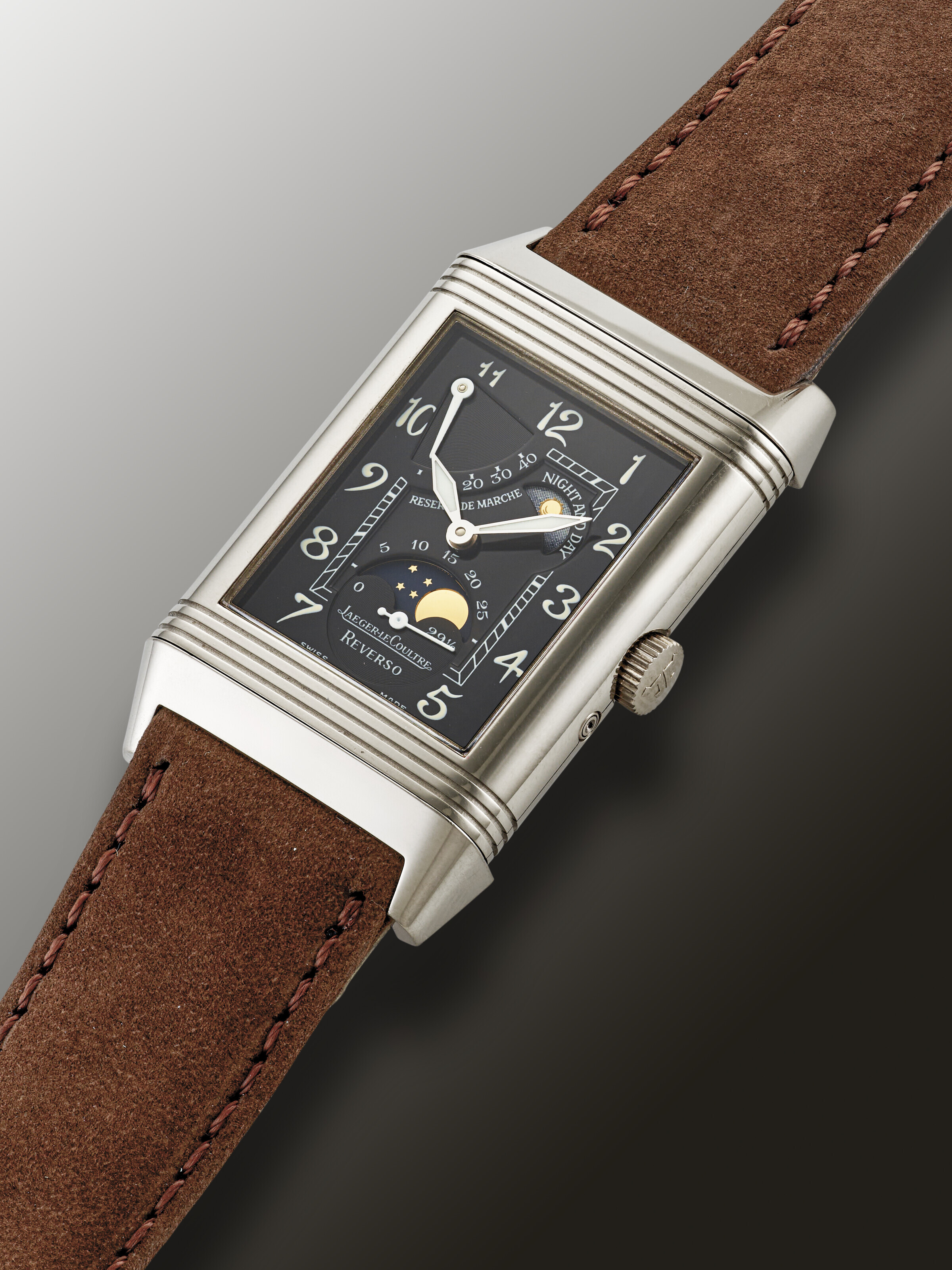JAEGER-LECOULTRE, WHITE GOLD 'REVERSO NIGHT AND DAY' WITH MOON