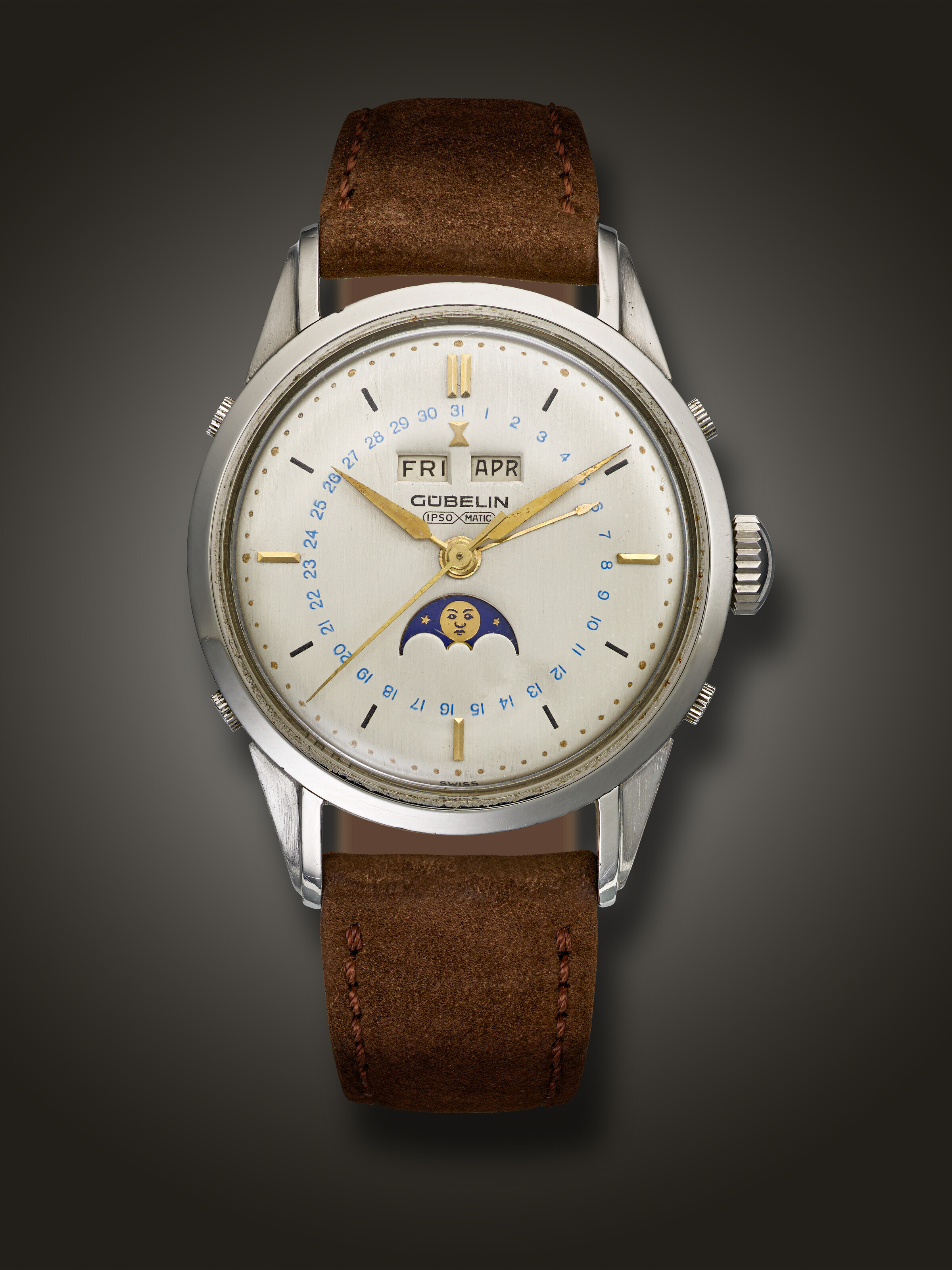 GÜBELIN STAINLESS STEEL TRIPLE CALENDAR WRISTWATCH WITH MOON PHASES