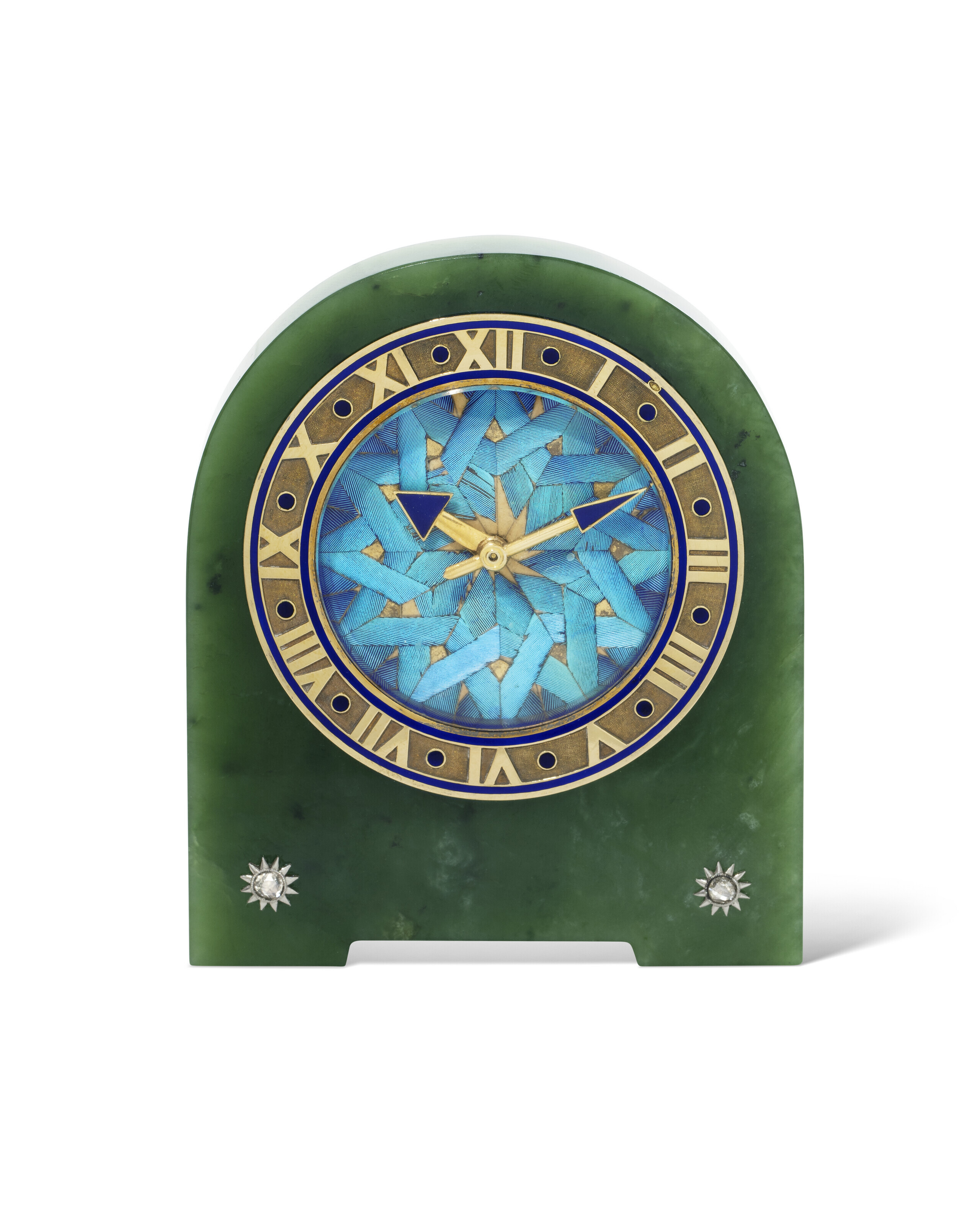 Art Deco nephrite, kingfisher feather, enamel and diamond 'Borne' strut clock by Cartier, circa 1926, offered in Magnificent Jewels including The Bleu Royal on 7 November 2023 at Christie's in Geneva