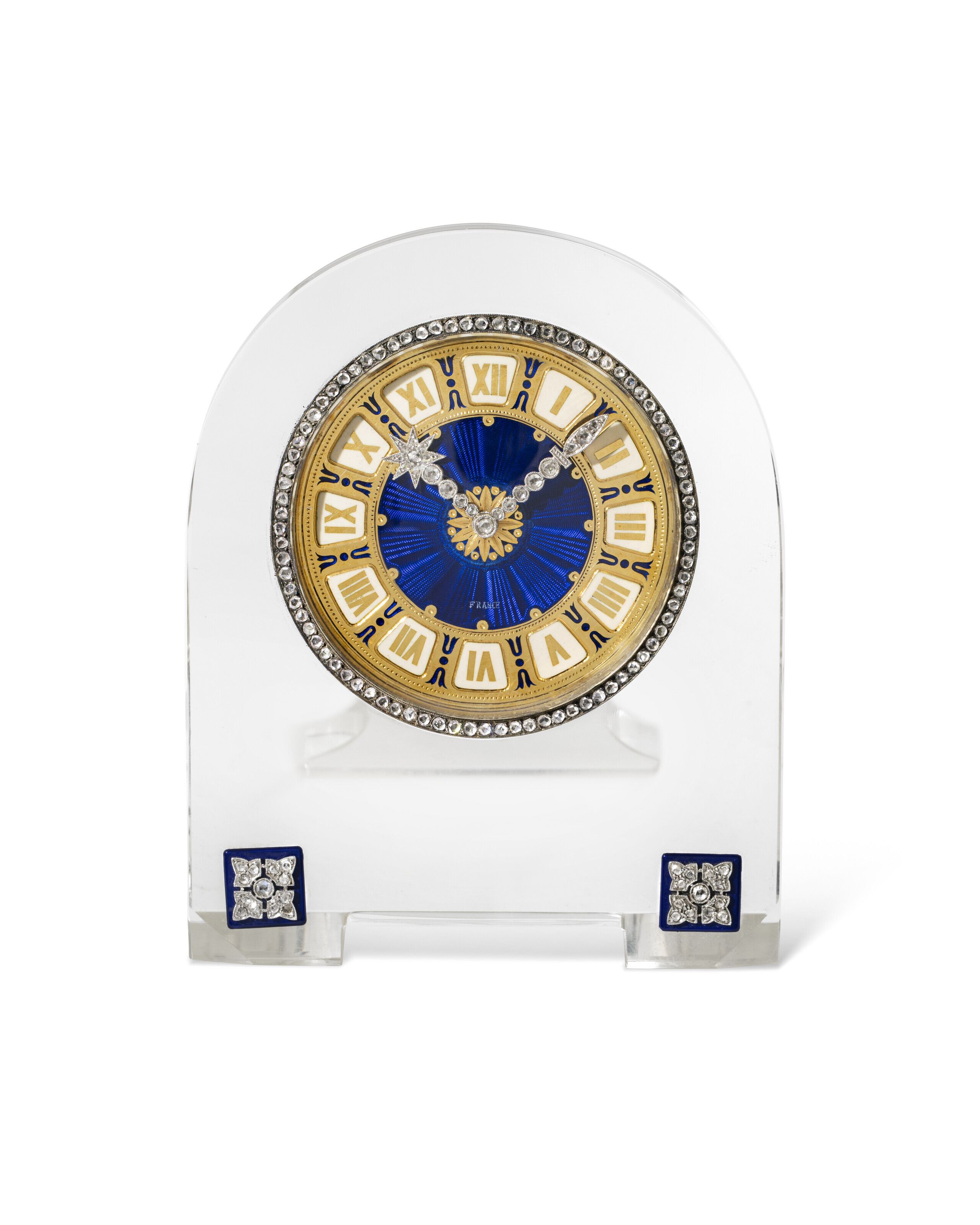 Art Deco enamel, rock crystal and diamond 'Borne' folding strut clock by Cartier, circa 1920, offered in Magnificent Jewels including The Bleu Royal on 7 November 2023 at Christie's in Geneva