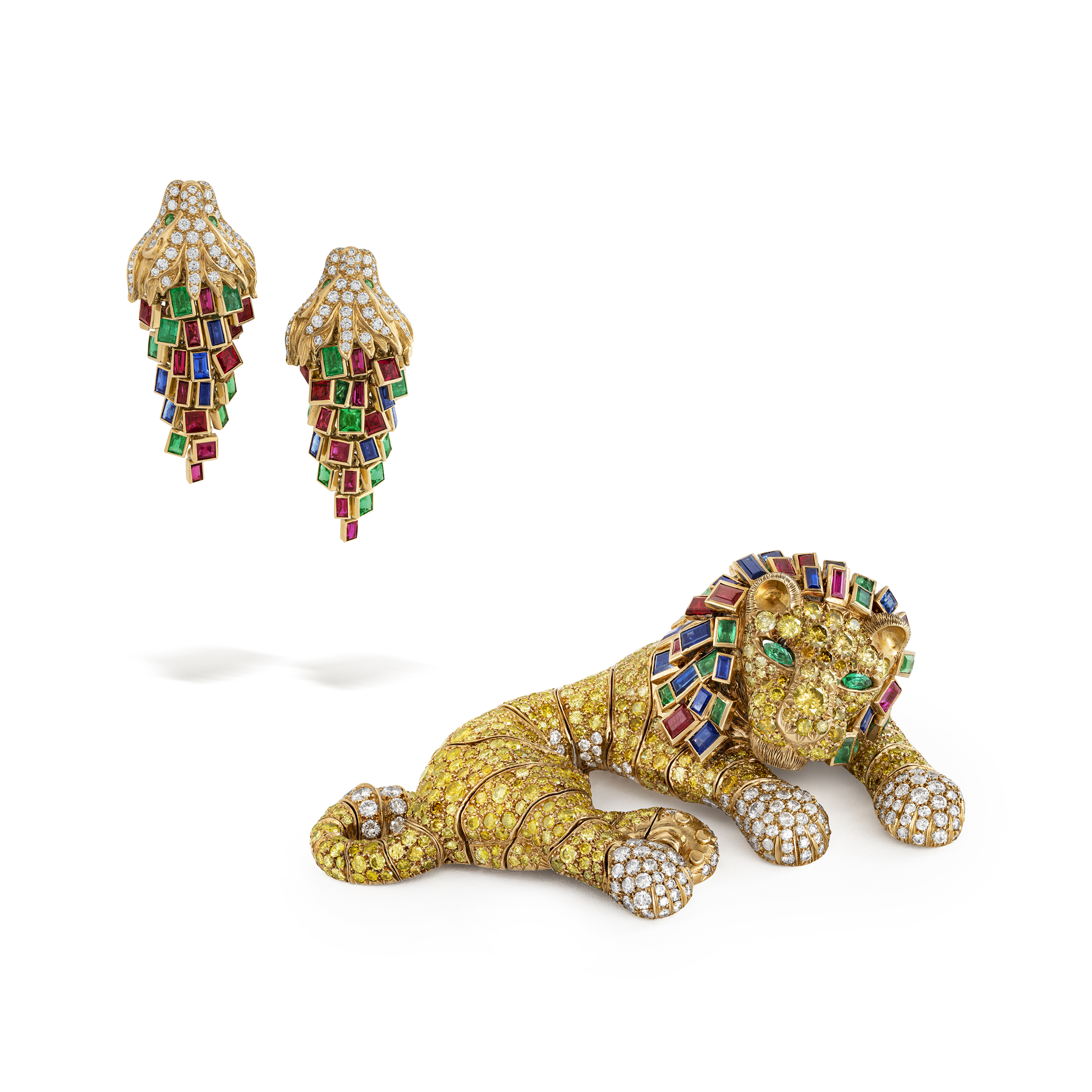 Rene Boivin. A multi-gem 'Lion' brooch and a pair of associated earrings, 1977, sold for CHF 743,400 on 10 May 2023 at Christie's in Geneva