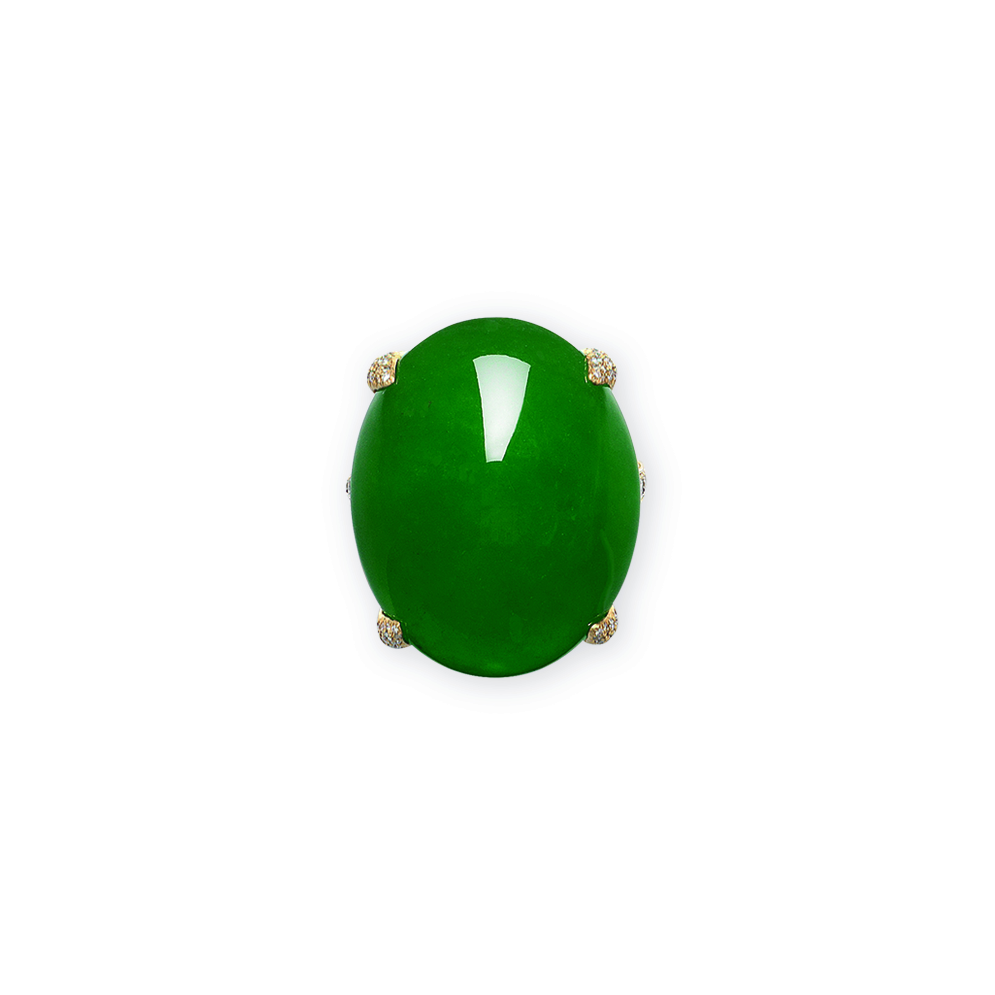 A jadeite and diamond ring. Oval jadeite cabochon measuring approximately 26.80 x 21.30 x 11.80 mm, round diamonds, 18k yellow gold. Sold for CHF630,000 on 10 May 2023 at Christie’s in Geneva