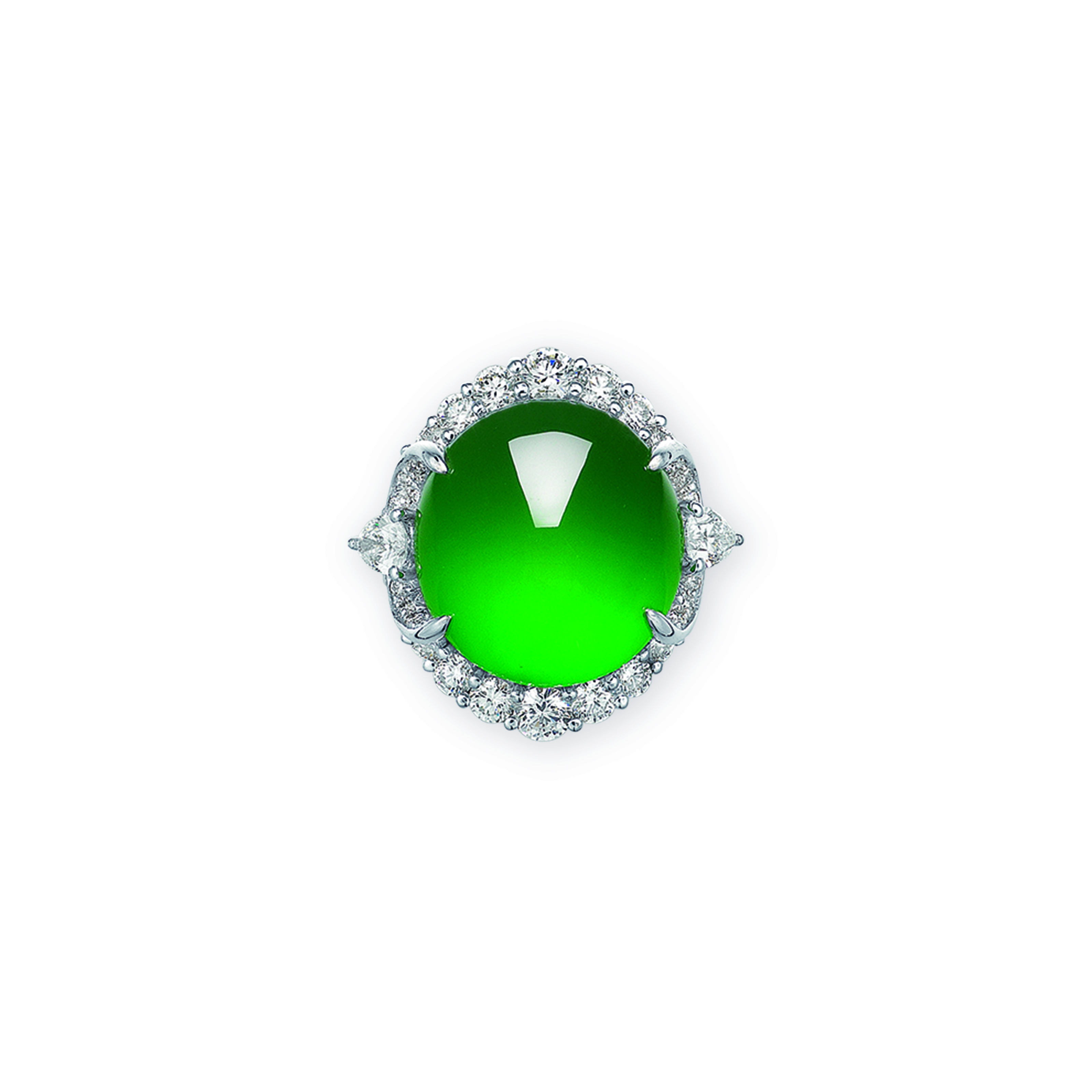 A jadeite and diamond ring. Oval jadeite cabochon measuring approximately 18.60 x 17.40 x 11.40 mm, pear-shaped and round diamonds, 18k gold. Sold for CHF541,800 on 10 May 2023 at Christie’s in Geneva