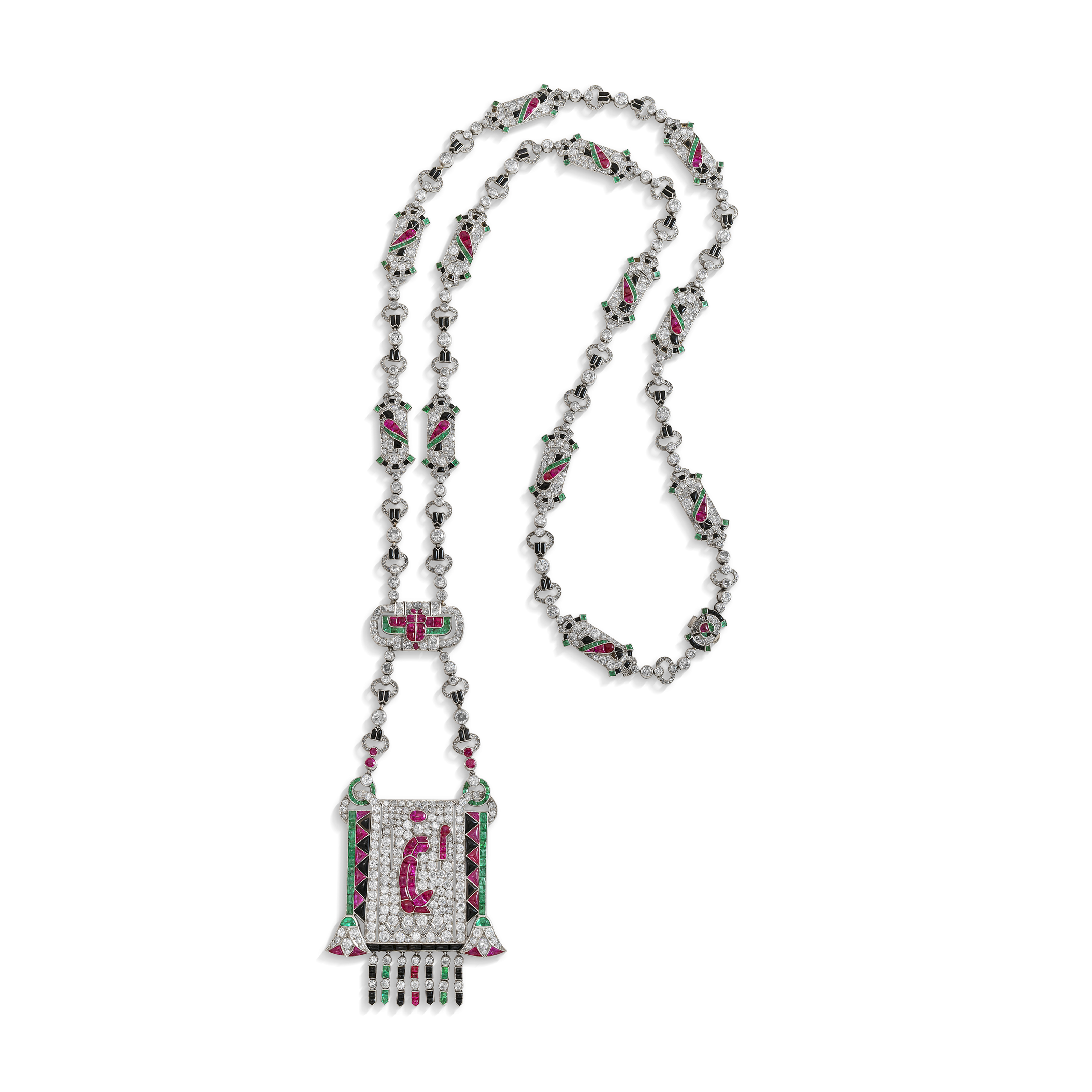 An exceptionally rare Van Cleef &amp; Arpels Art Deco Egyptian Revival multi-gem sautoir. Size/dimensions: pendant 11.0 cm; necklace 75.5 cm. Sold for CHF2,707,000 on 10 May 2023 at Christie’s in Geneva