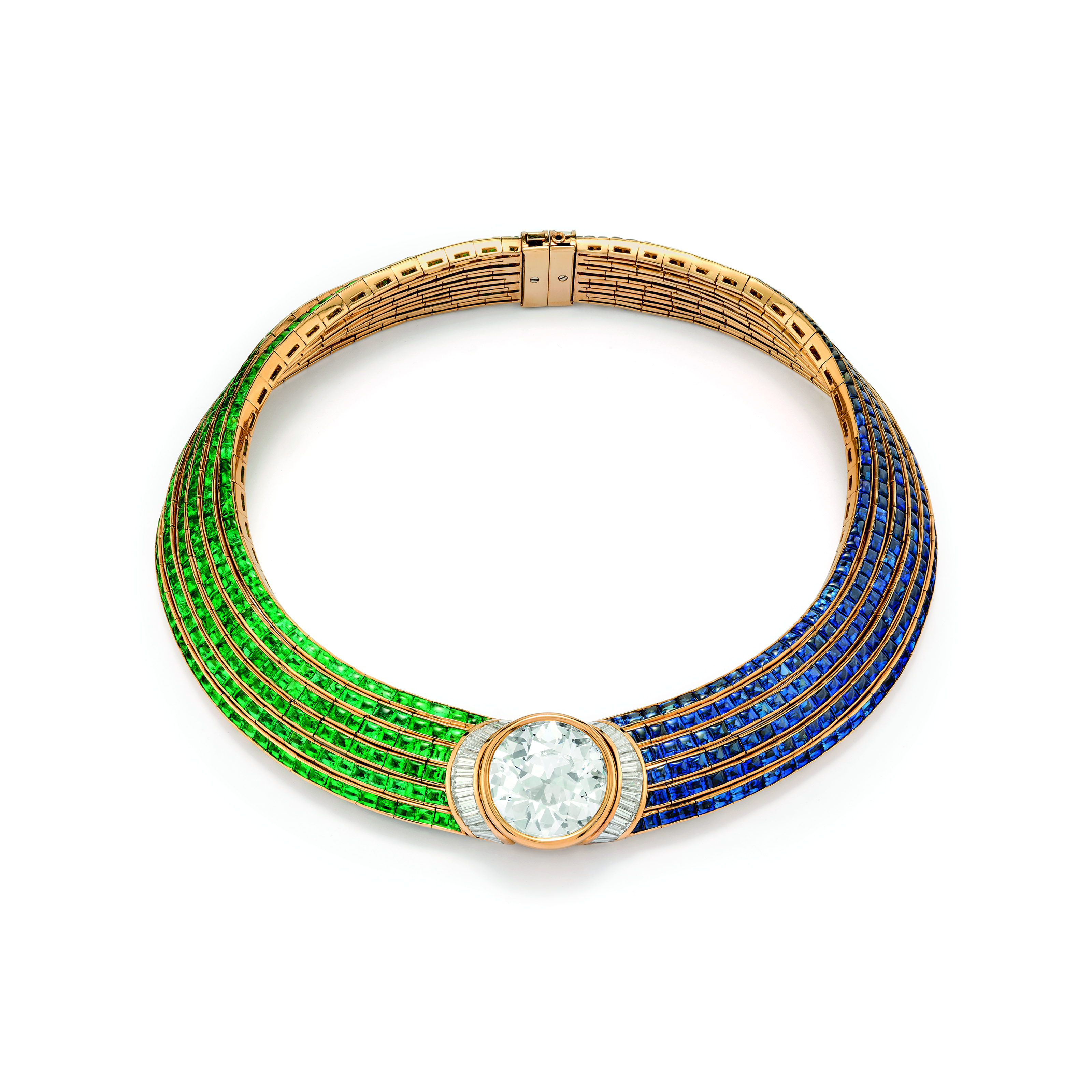 A Bulgari diamond, sapphire and emerald necklace. Size/dimensions: inner circumference 38.5 cm. Sold for CHF1,436,500 on 10 May 2023 at Christie’s in Geneva