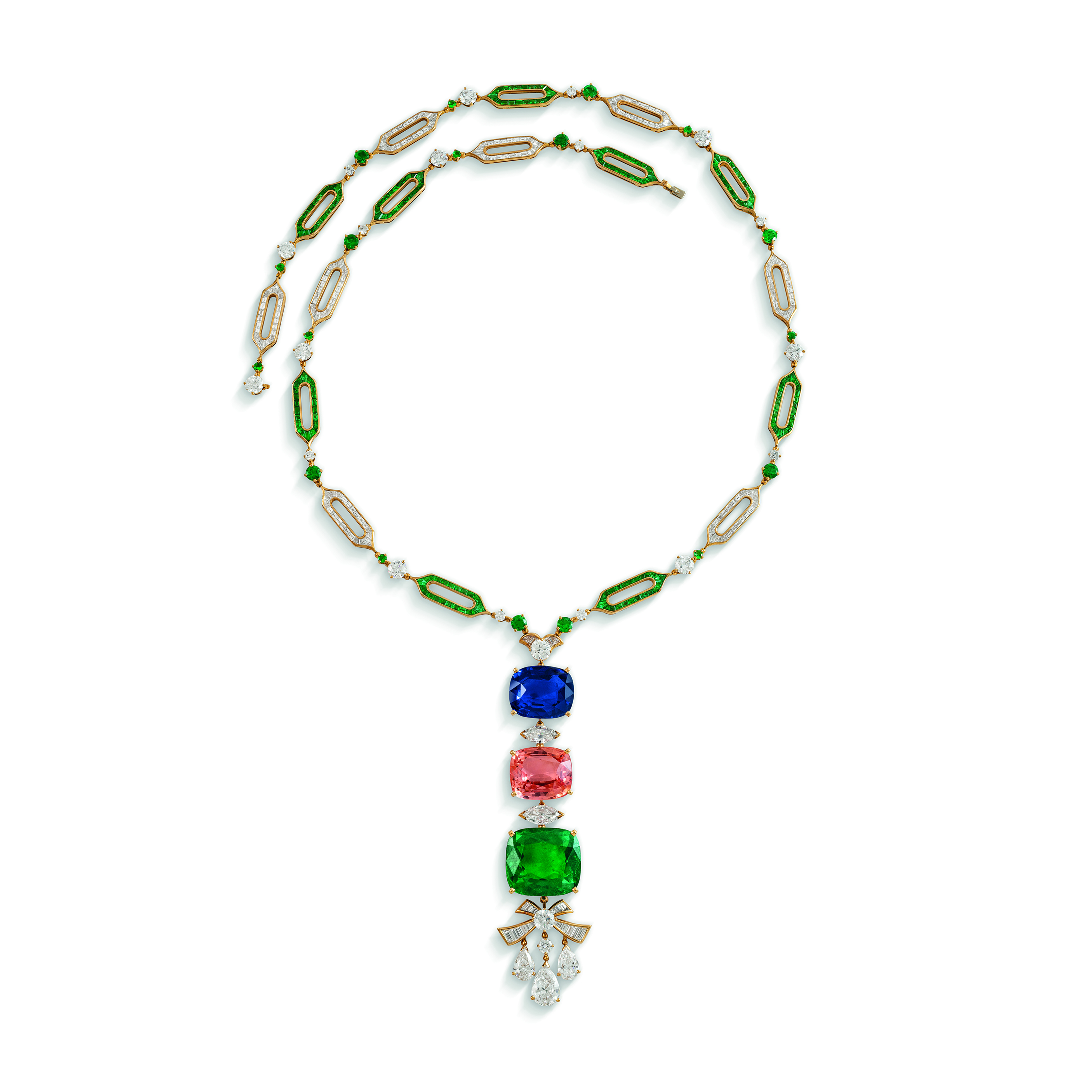 A unique Bulgari sapphire, coloured sapphire, emerald and diamond necklace. Size/dimensions: 47.0 cm. Sold for CHF2,586,000 on 10 May 2023 at Christie’s in Geneva