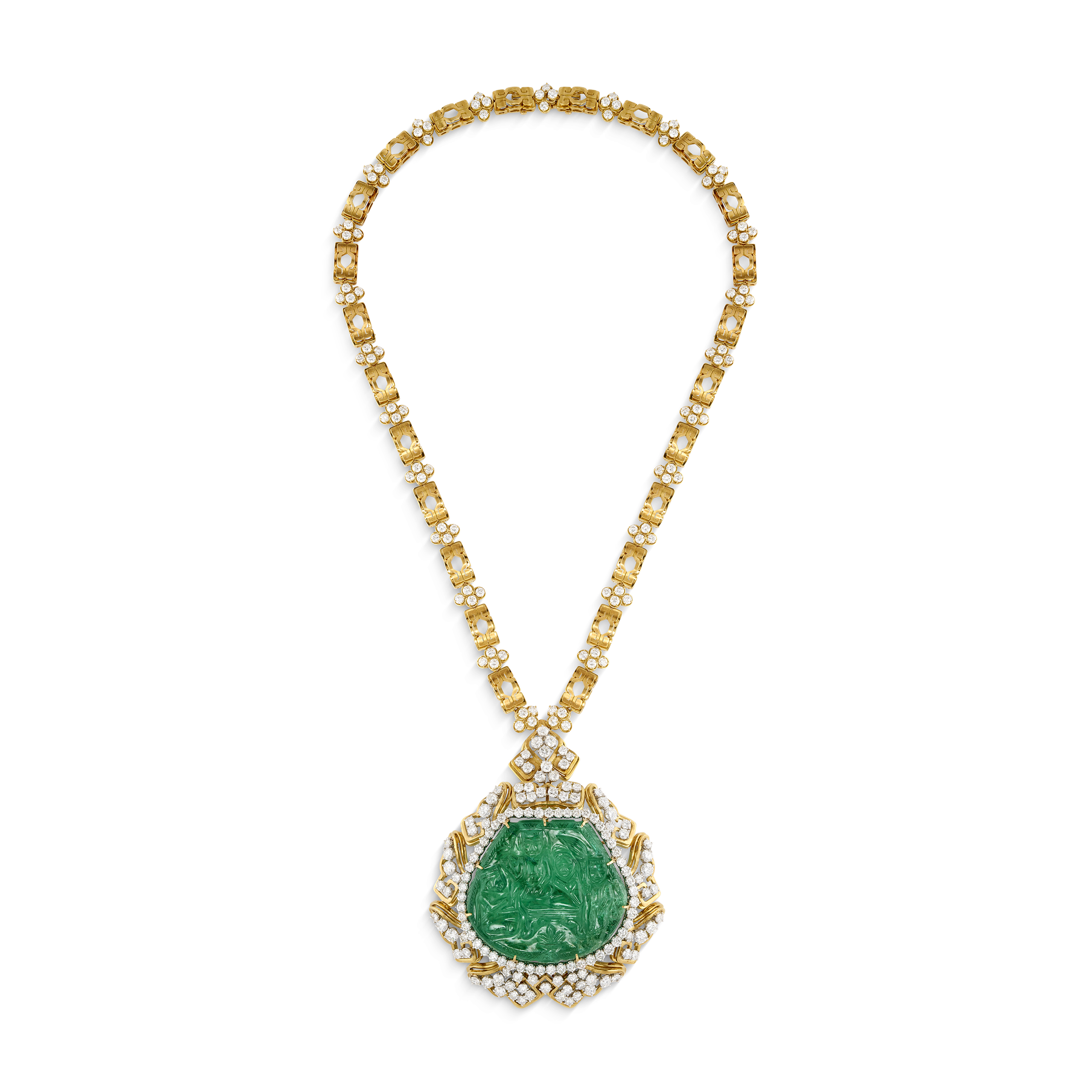 &lsquo;The Great Mogul&rsquo; Harry Winston emerald and diamond pendent necklace. Size/dimensions: pendant 8.2 cm; necklace 65.6 cm. Sold for CHF882,000 on 12 May 2023 at Christie’s in Geneva