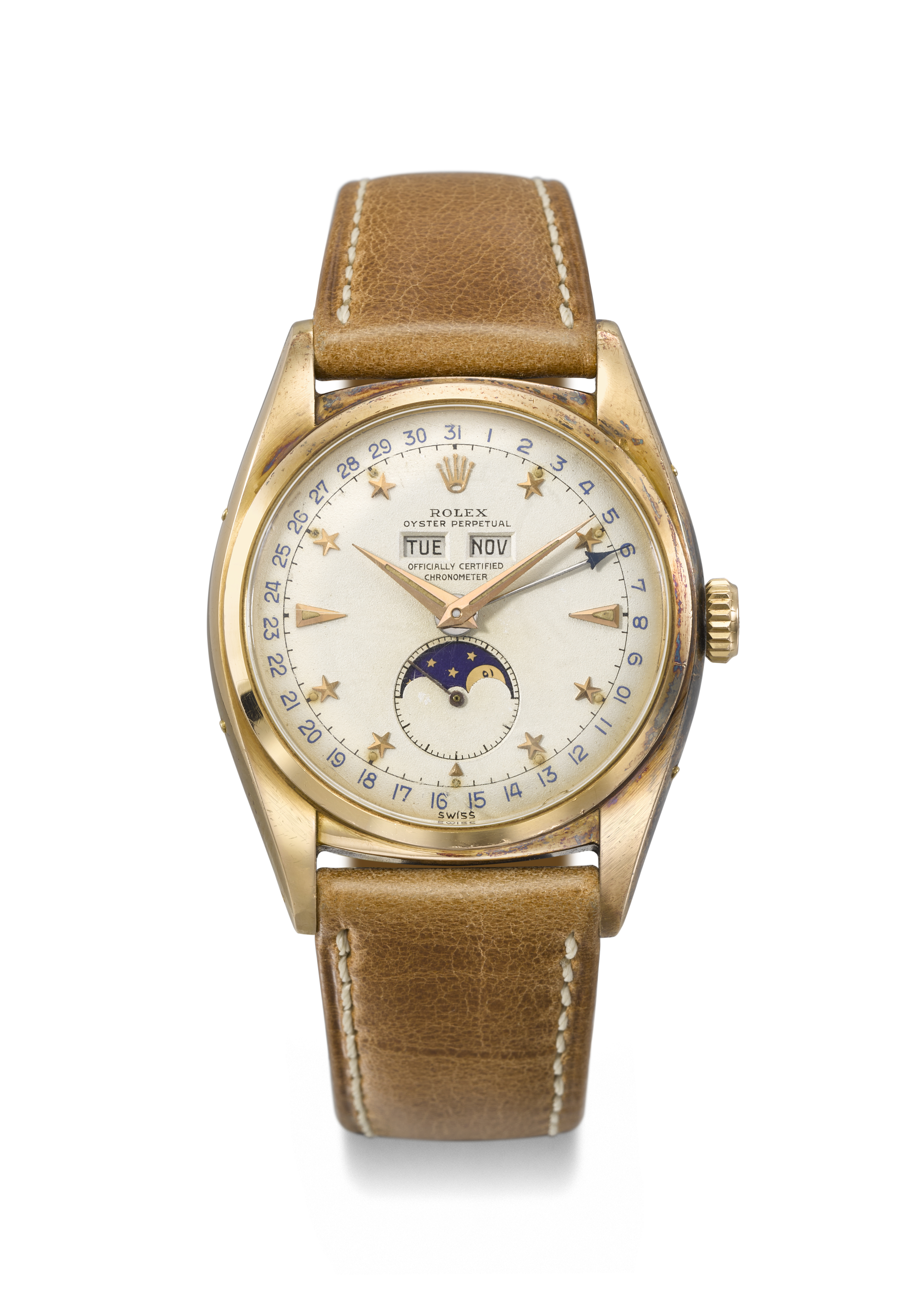 Rolex, a rare and outstandingly well preserved 18k pink gold automatic triple calendar wristwatch with moon phases and star hour markers, circa 1952, offered in Passion for Time — An Important Private Collection of Watches and Timepieces on 6 November 2023 at Christie's in Geneva