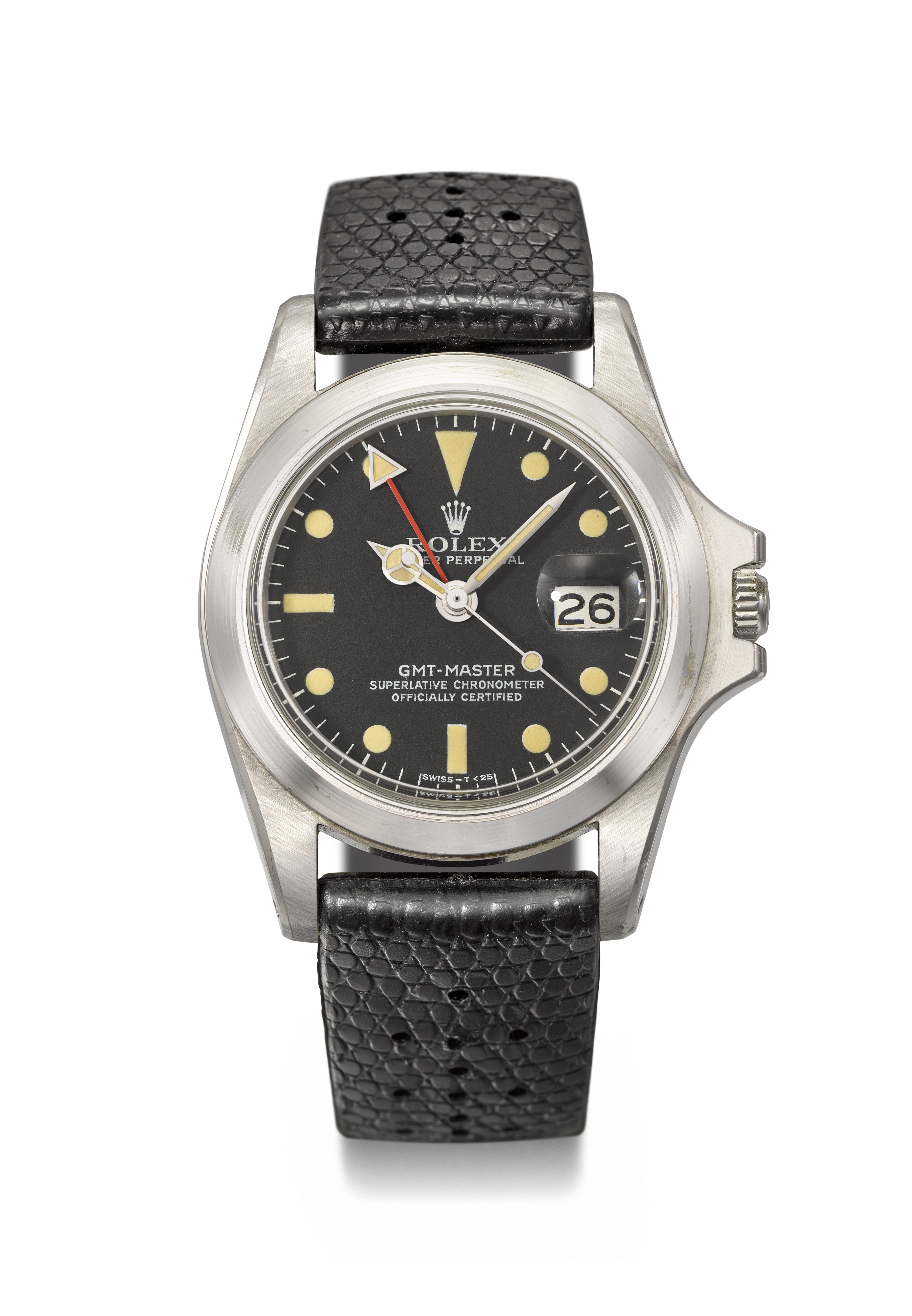 Rolex GMT-Master model, ref.1675, case no. 3'245'836, the caseback hand-engraved 'M. Brando' by the actor himself, circa 1972, offered in Passion for Time — An Important Private Collection of Watches and Timepieces on 6 November 2023 at Christie's in Geneva