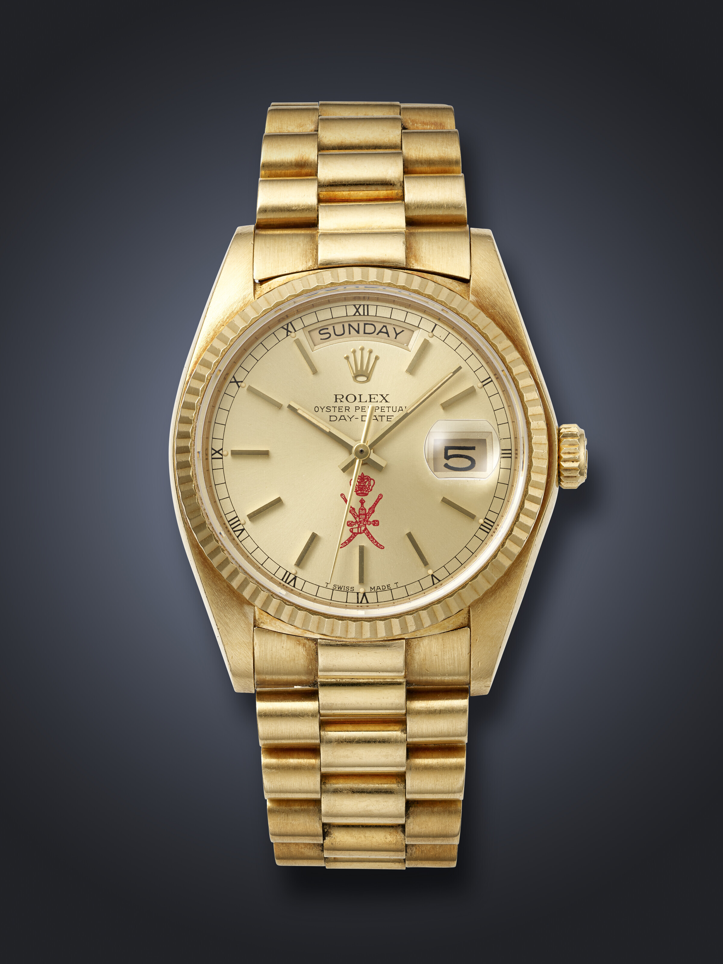 ROLEX, YELLOW GOLD 'DAY-DATE', WITH RED KHANJAR SYMBOL, 18038